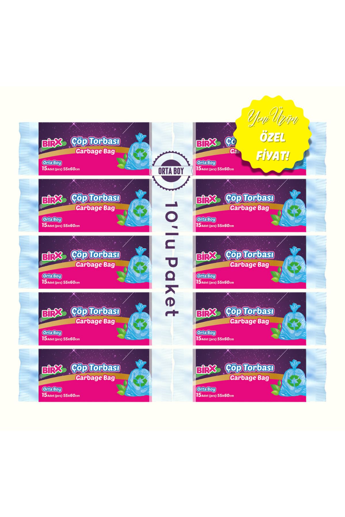 BIRX Orta Boy Çöp Torbası 55x60 15'li 10 Rulo Çöp Poşeti 150 Adet
