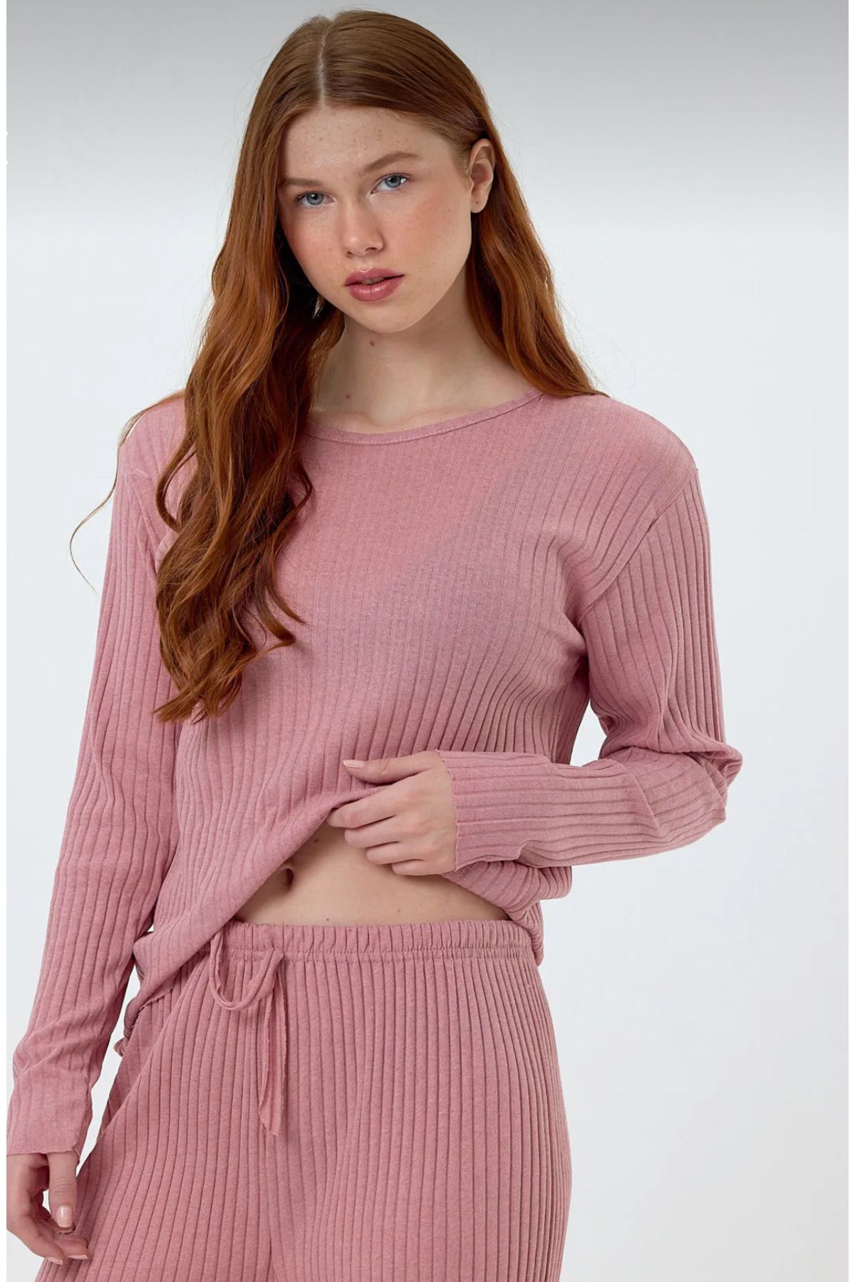 zahirfashion Kadın Kaşkorse Mevsimlik Uzun Kollu Fitilli Pudra Pembe Takım