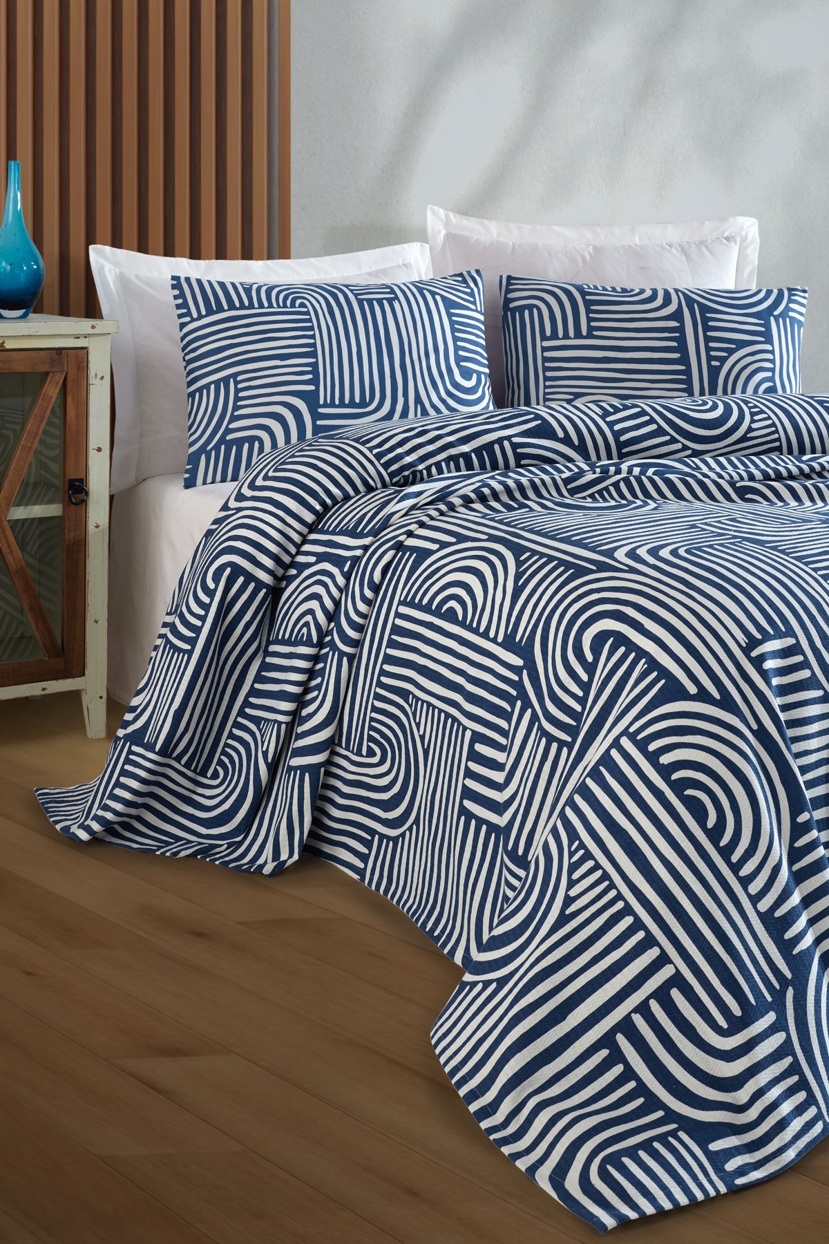 Enlora Home Doğal Pike Baskılı Tek Kişilik Line Art Mavi