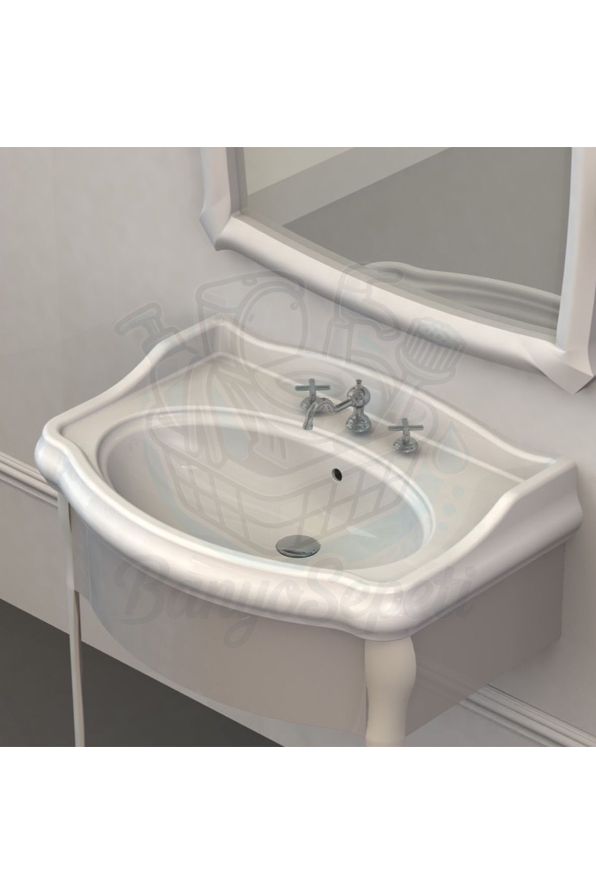 banyosepeti AngloGrande Etajerli Duvara Monte & Kolon Ayak Uyumlu Seramik Lavabo – 80x54 cm, Beyaz