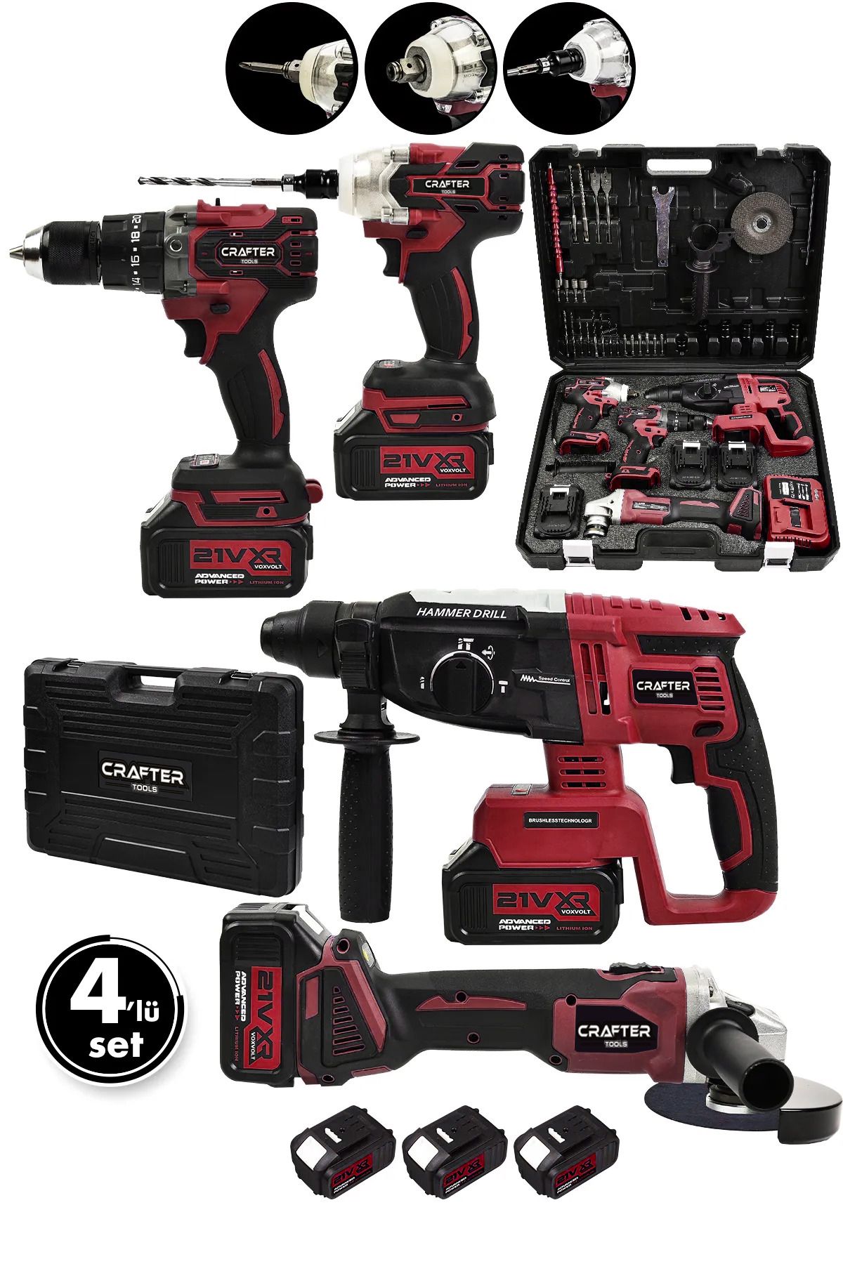 CRAFTERTOOLS 4'lü Set 21v 3.0ah Şarjlı Taşlama- Şarjlı Hilti-13mm Darbeli Şarjlı Matkap-şarjlı Somun Sıkma