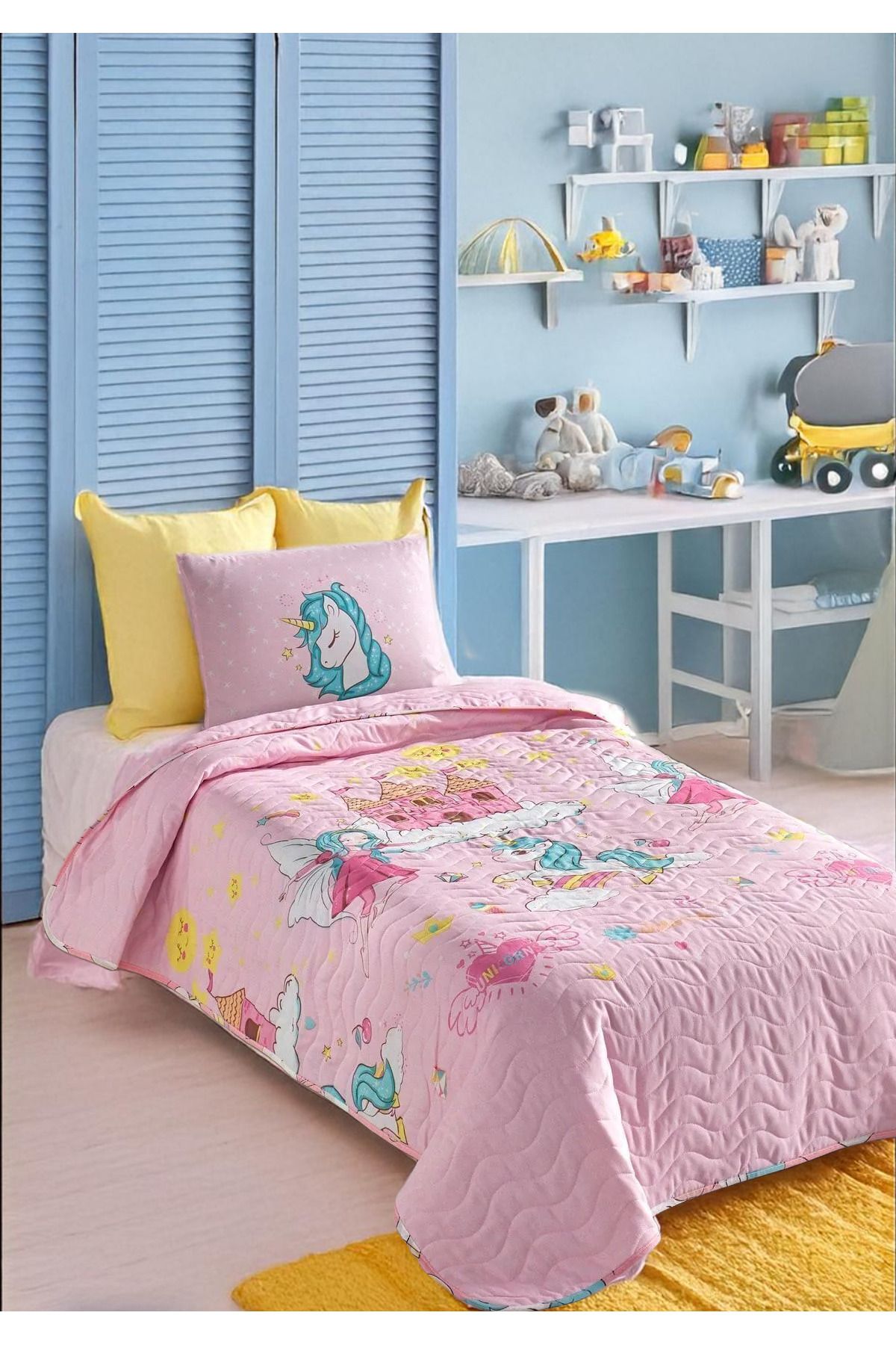 Lıvory Tek Kişilik Kapitone Yatak Örtüsü Seti Unicorn Desenli Pembe