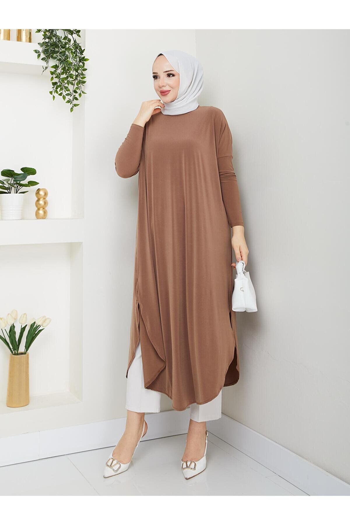 تونیک حجاب قهوه ای زنانه رگولار MODAMÜNASİP - کد 904477378
