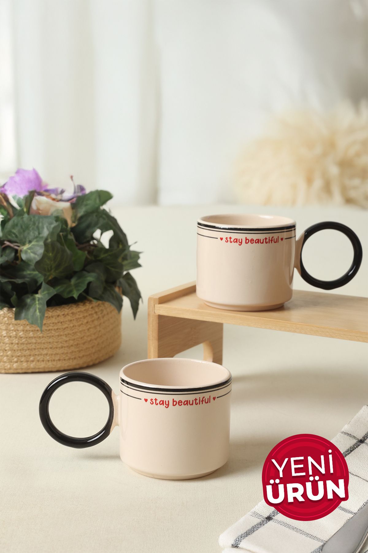 Keramika Stay Beautiful Siyah Stackable Halka Kulplu Fincan 8 Cm 2 Adet