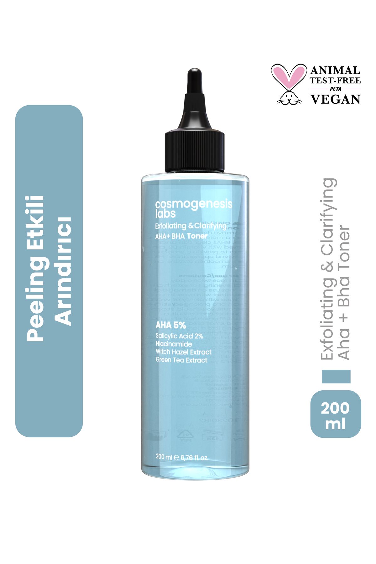 Cosmogenesis Labs Aha %5 Bha %2 Peeling Etkili Tonik 200 ml – Arındırıcı Gözenek Sıkılaştırıcı Ph Dengeleyici Vegan
