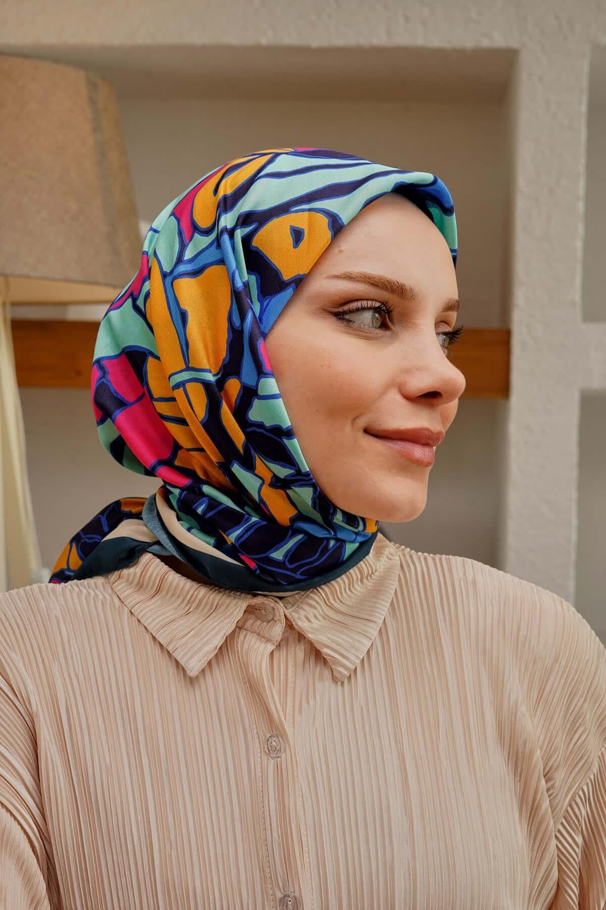 AFVENTE Yaprak Desen Mavi Soft Pamuk Eşarp