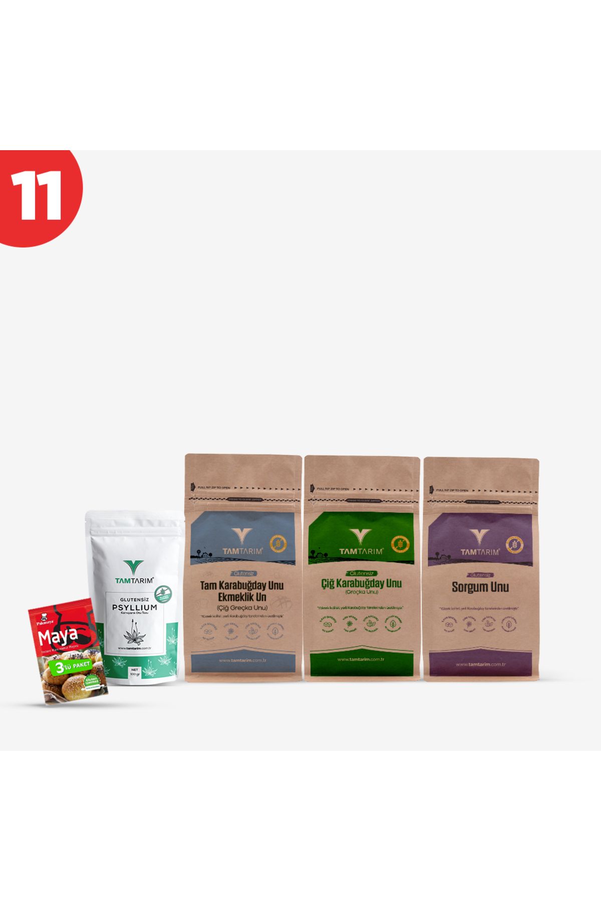 Tam Tarım Glutensiz Avantajlı Paket Çiğ karabuğday unu, Ekmeklik un, Sorgum unu, Psyllium, Maya