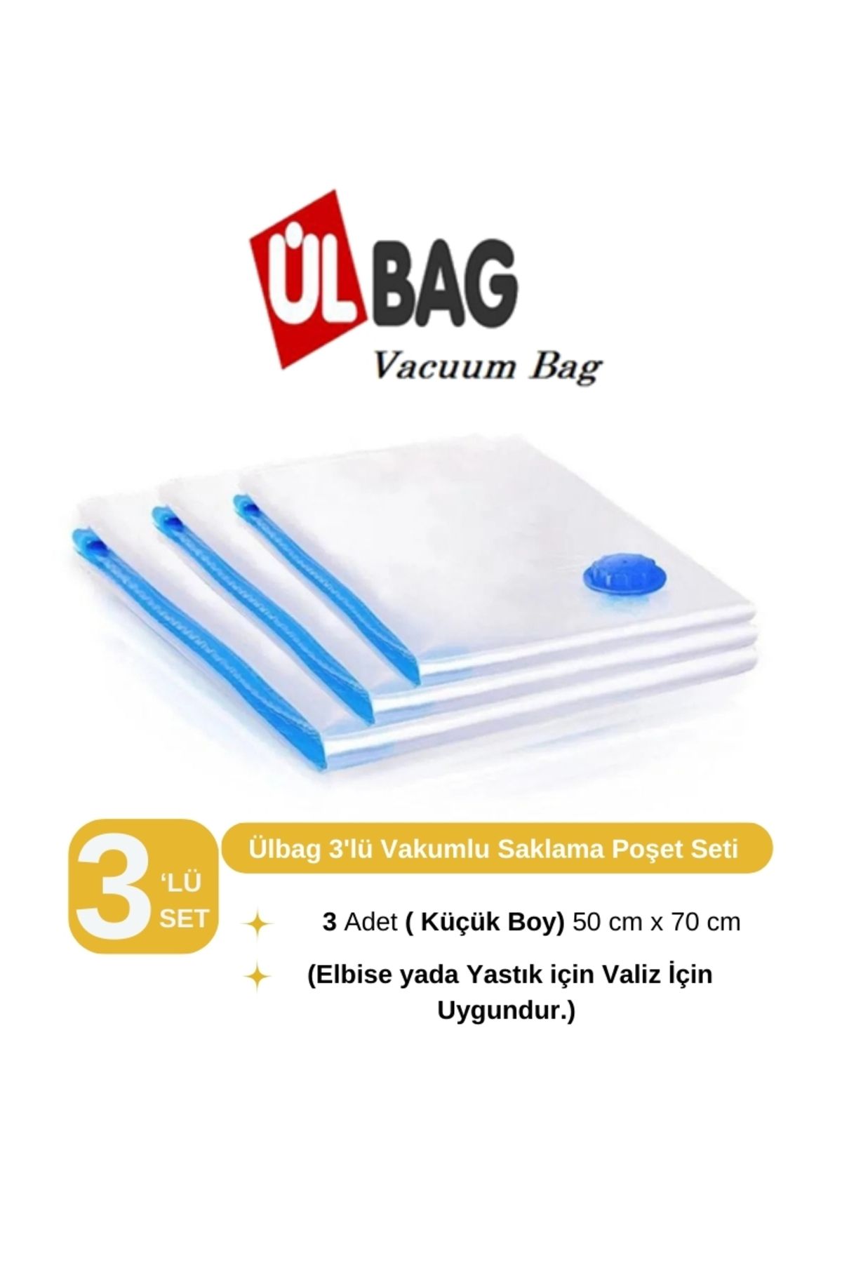 ÜLBAG (3 ADET) 50 Cm X 70 Cm (ELBİSE)vakumlu Poşet- Vakumlu Hurç - Vakumlu Poşet Seti