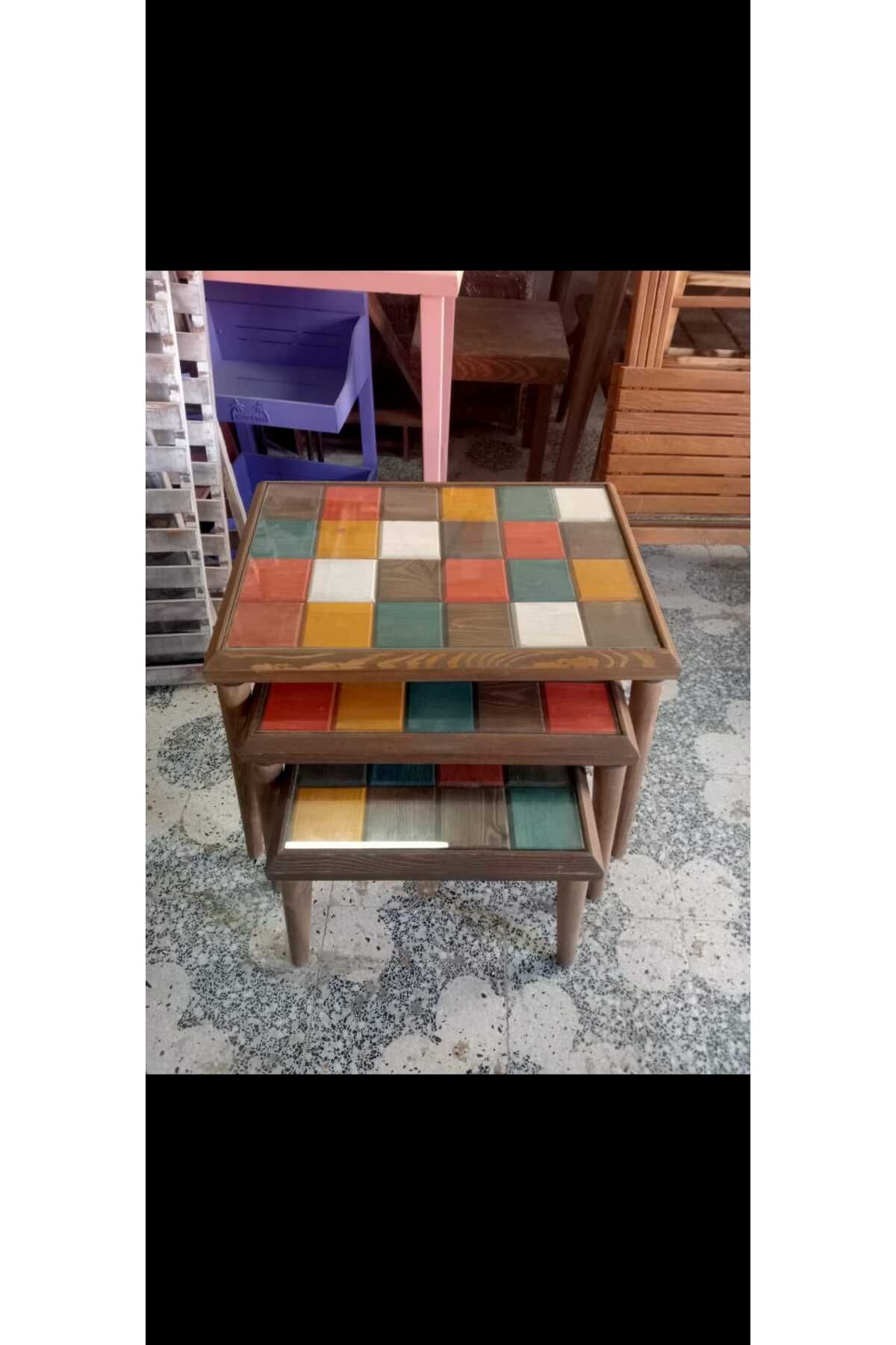 WOODENKA RUSTHİNG Rusthing Doğal Ahşap Camlı Zigon Sehpa, Masif 3'lü Set, Modern Masif Yan Sehpa