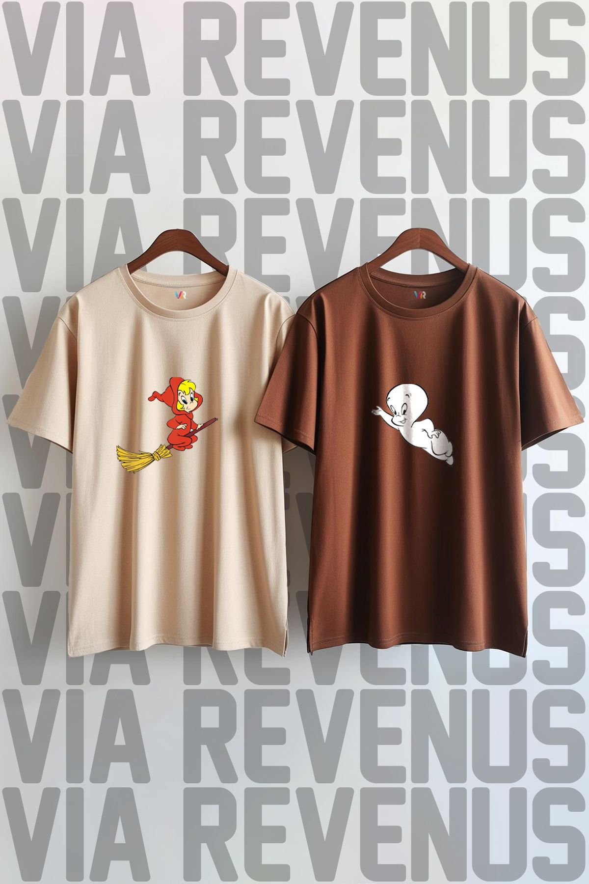 Vordevia Sevimli Hayalet Casper ve Wendy Baskılı Geniş Kalıp Bisiklet Yaka Sevgili Kombini Tshirt