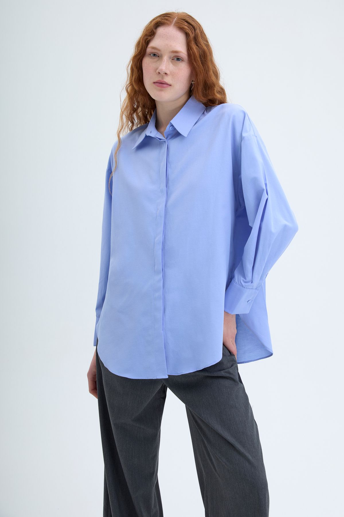 Quzu Oversize Basic Gömlek Koyu Mavi