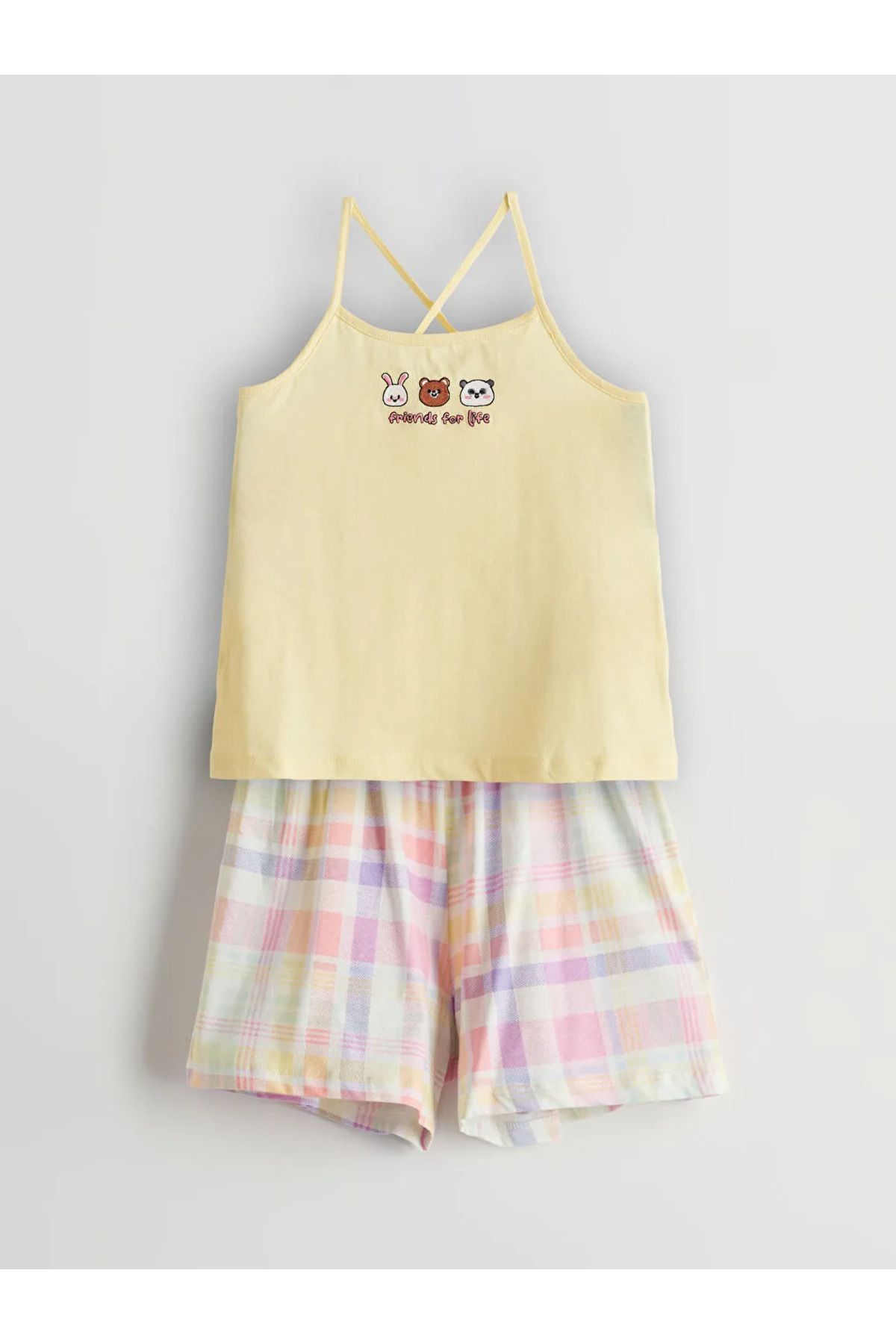 LC Waikiki LCW Kids Sarı Bisiklet Yaka Kız Çocuk Şortlu Pijama Takımı
