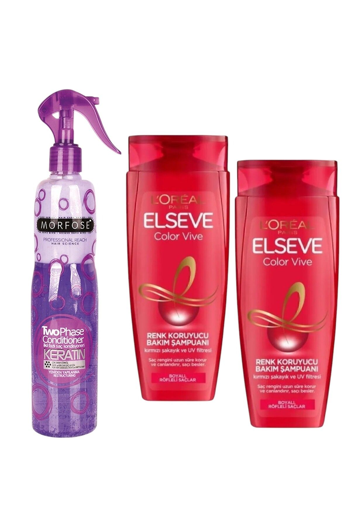 Elseve Lorel-Colorvive Renk Koruyucu Şampuanı 360 ml 2 Adet + Morfose-Keratin Içerikli Fön Suyu Mor 400 Ml