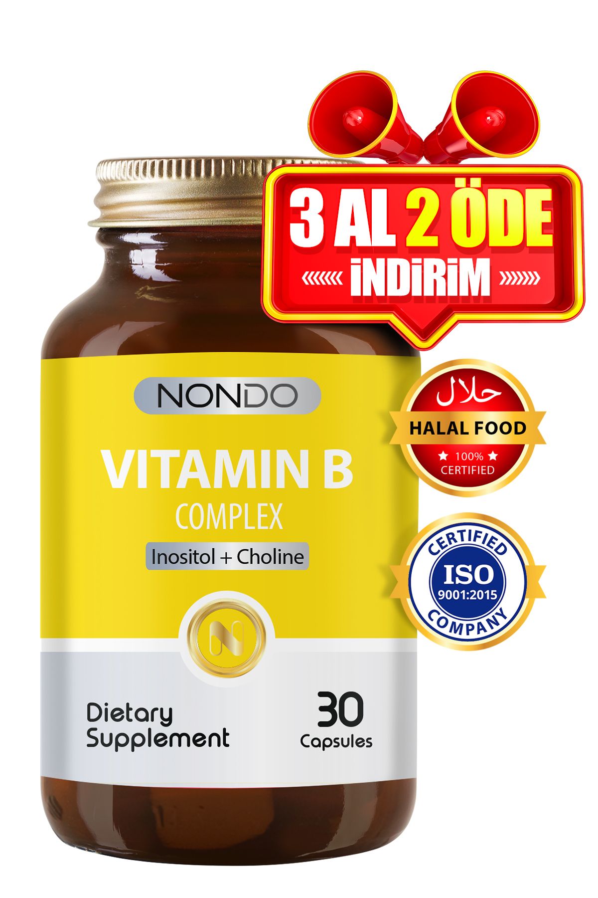 Nondo Vıtamin B Kopmpleks 30 Kapsül ( B Vitamini B1 B2 B3 B5 B6 B12 Vitaminleri)