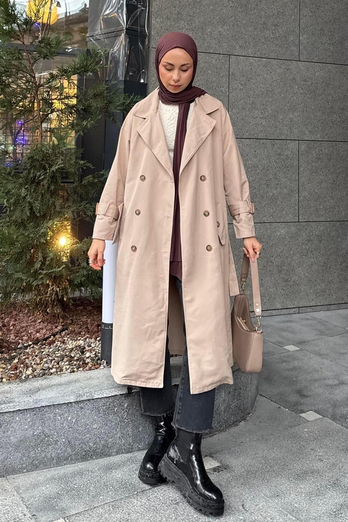 lamelif.com Kol Kemer Detaylı Trenç Bej