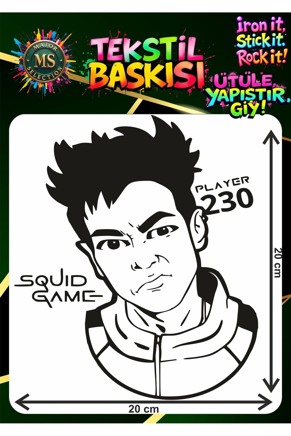 MS Major Selection Siyah Squid Game Thomas Player 230  Tshirt , Çanta Tüm Tekstillere Uygun Ütü ile Uygulanan Baskı