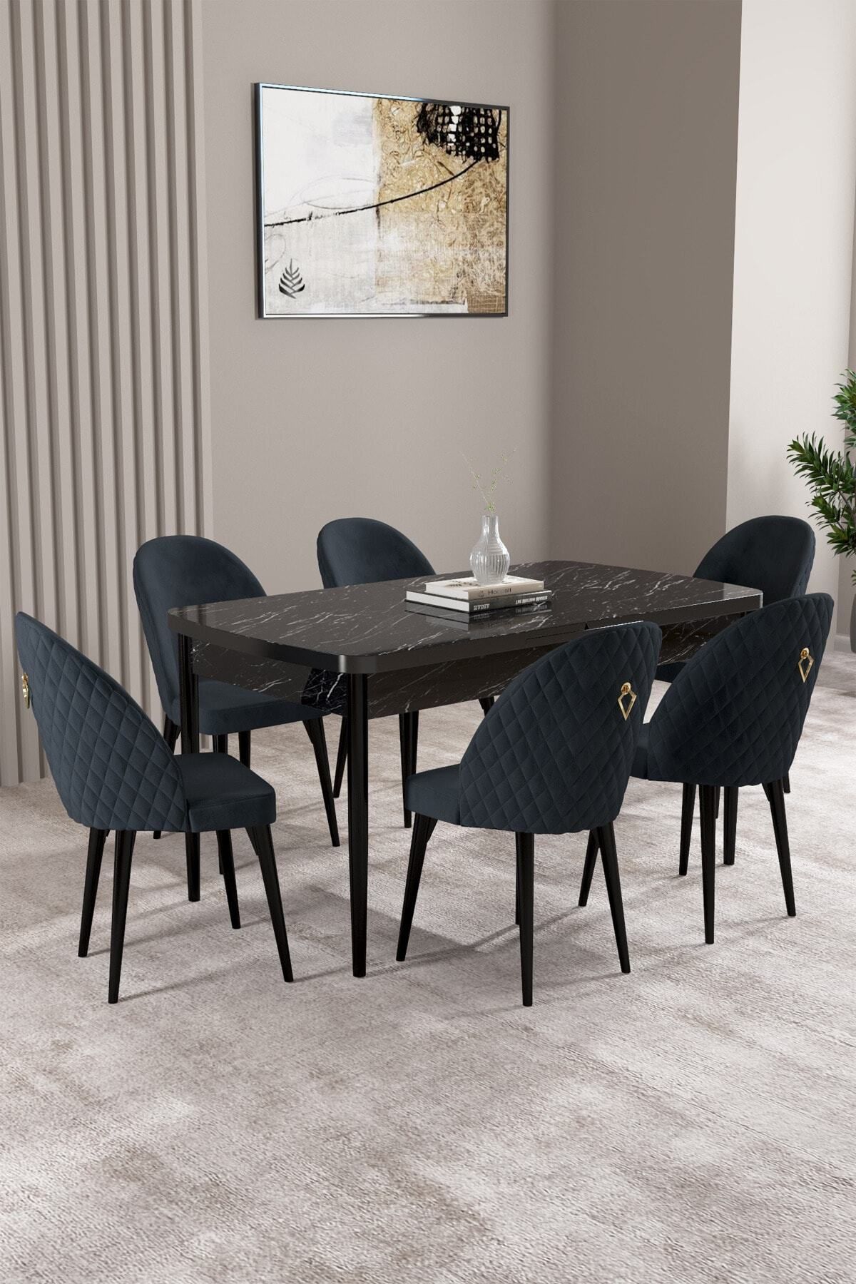 asaella mobilya Lima Siyah Mermer Desen 80x132 Mdf Açılabilir Mutfak Masası Takımı 6 Adet Sandalye