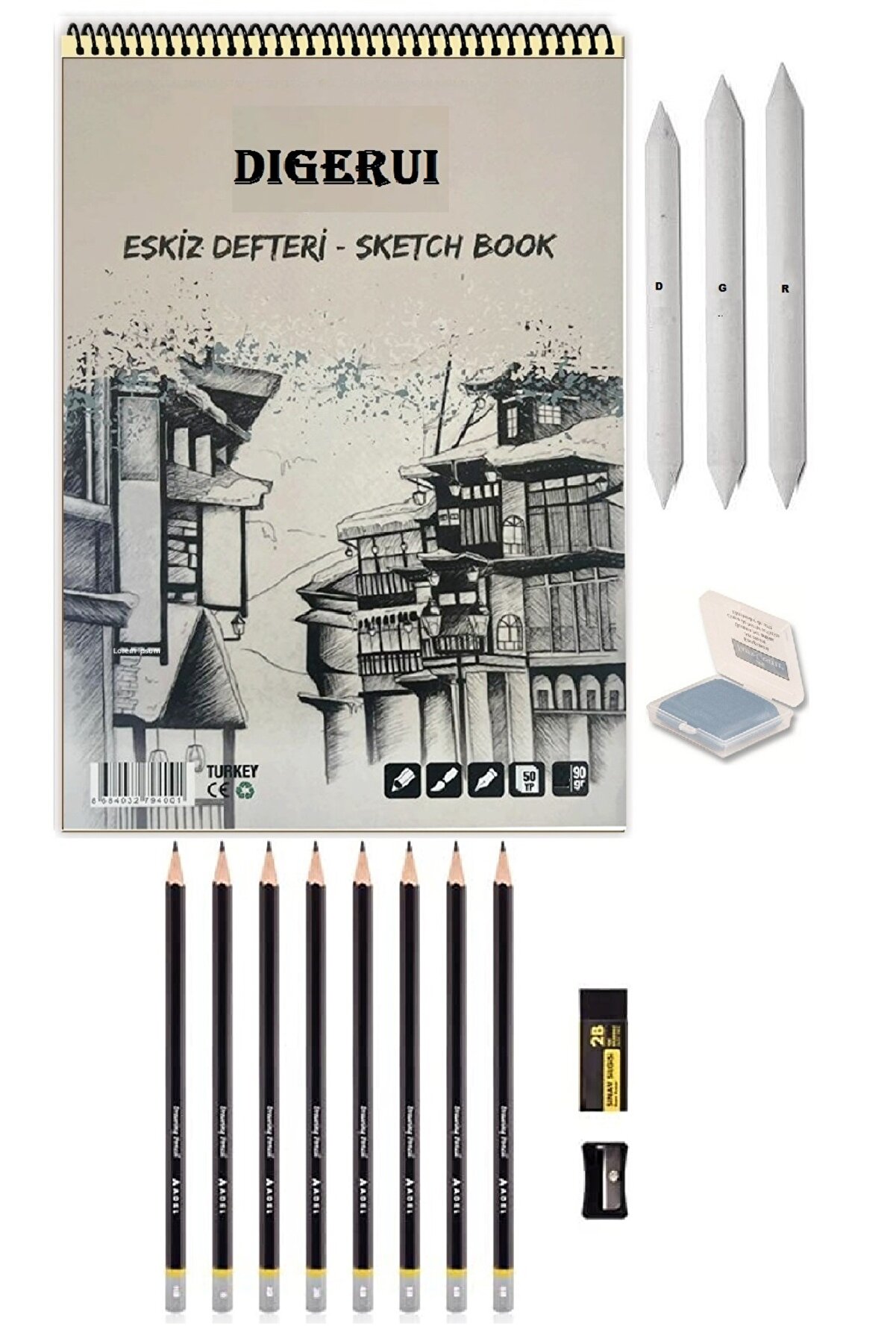 DIGERUI Eskiz Defteri A5 50 Yp Spralli Karakalem Çizim Seti Hamur Silgi Dağıtma Kalemi