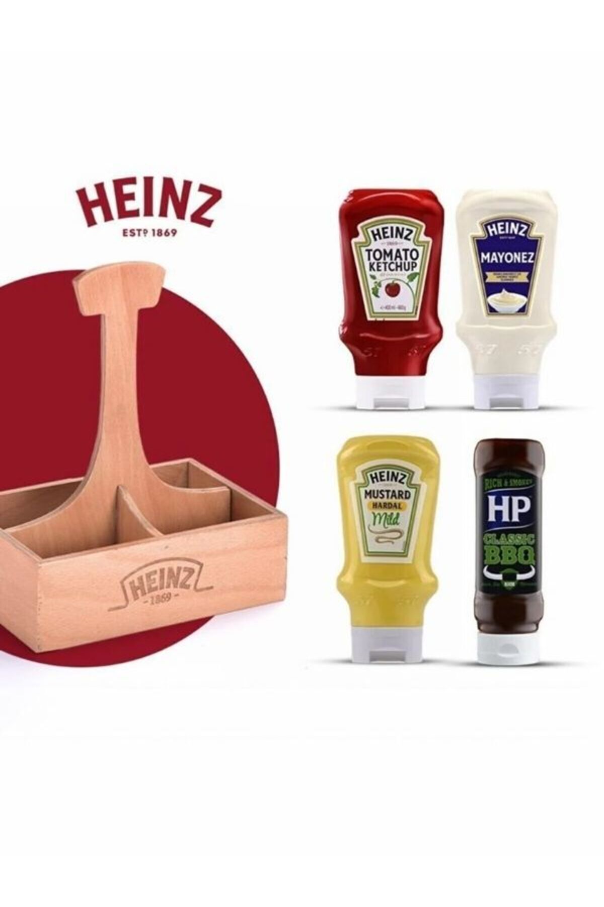Heinz Ahşap Sosluk Hediye Paketi (KETÇAP 460 G, MAYONEZ 400 G, HARDAL 445 G, HP BARBEKÜ SOS 465 G)