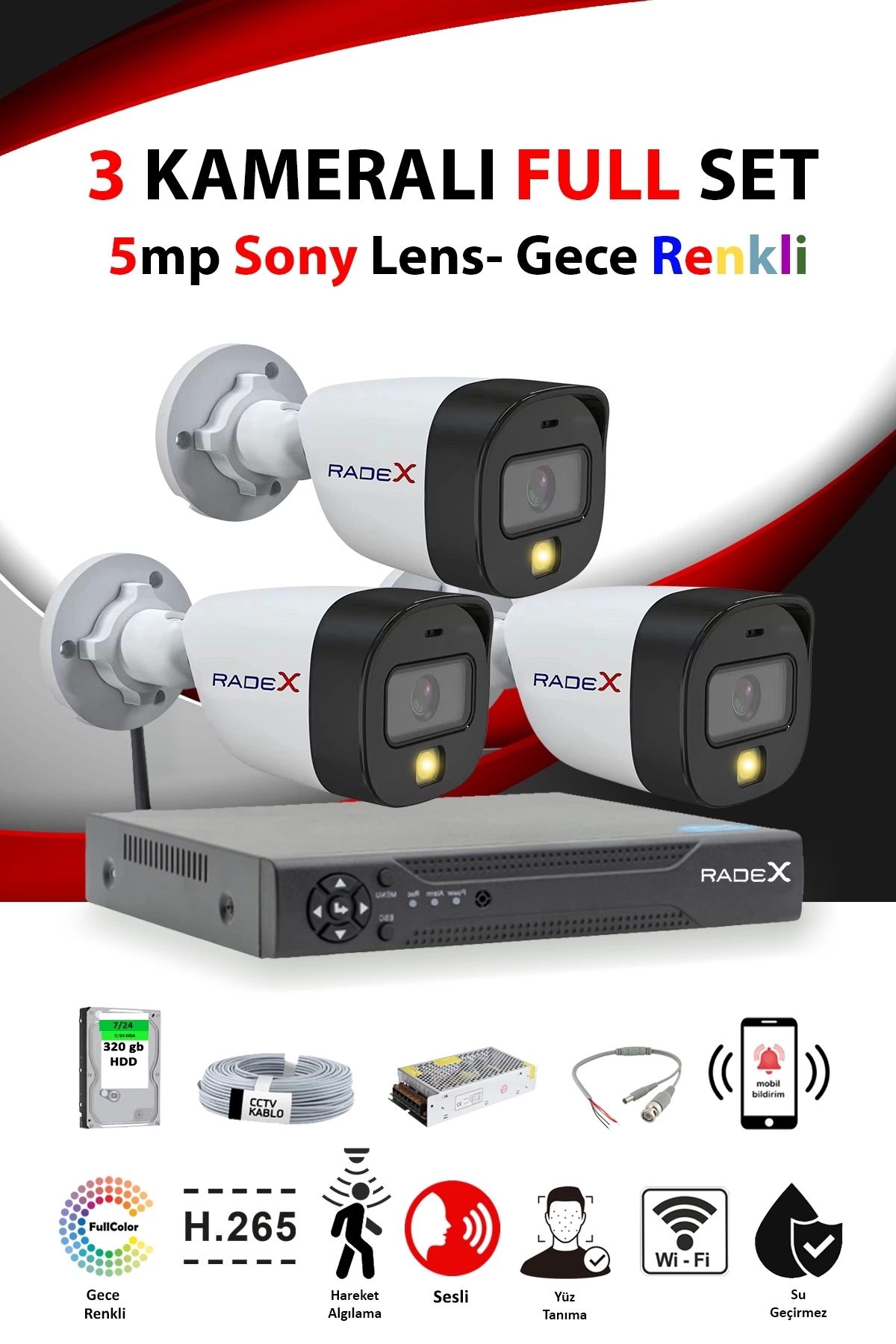 OEM 3 Kameralı Set - 5MP Sony Lensli Full Hd Sesli Gece Görüşlü Güvenlik Kamerası Sistemi - Cepten Izlem