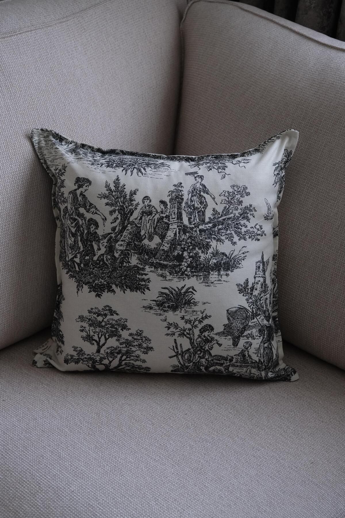 Beige & Stone Siyah Vintage Desenli 45x45 Dekoratif Yastık Kılıfı