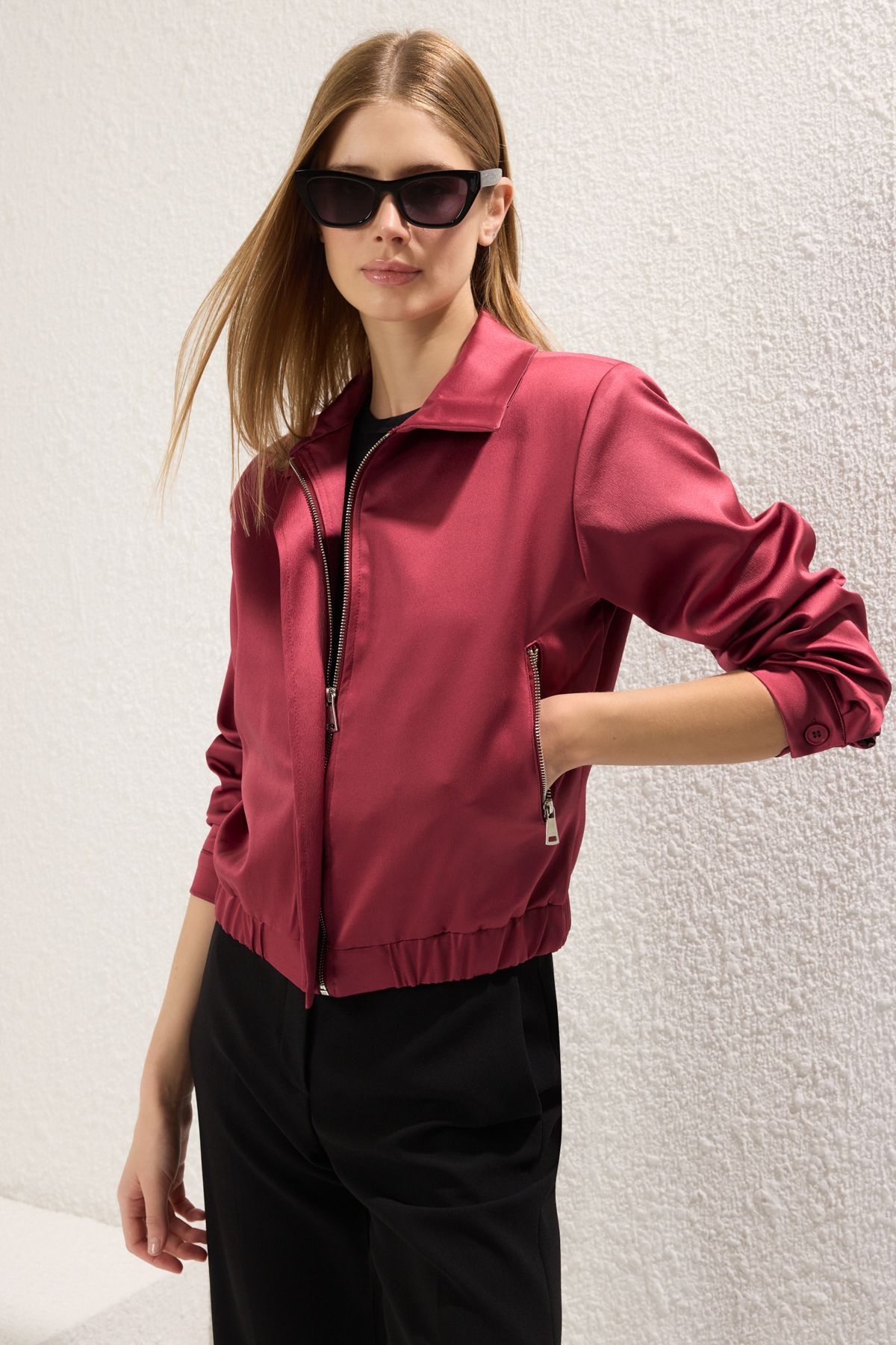 Trendyolmilla Bordo Regular Saten Bomber İnce Ceket Mont TWOSS25MO00021