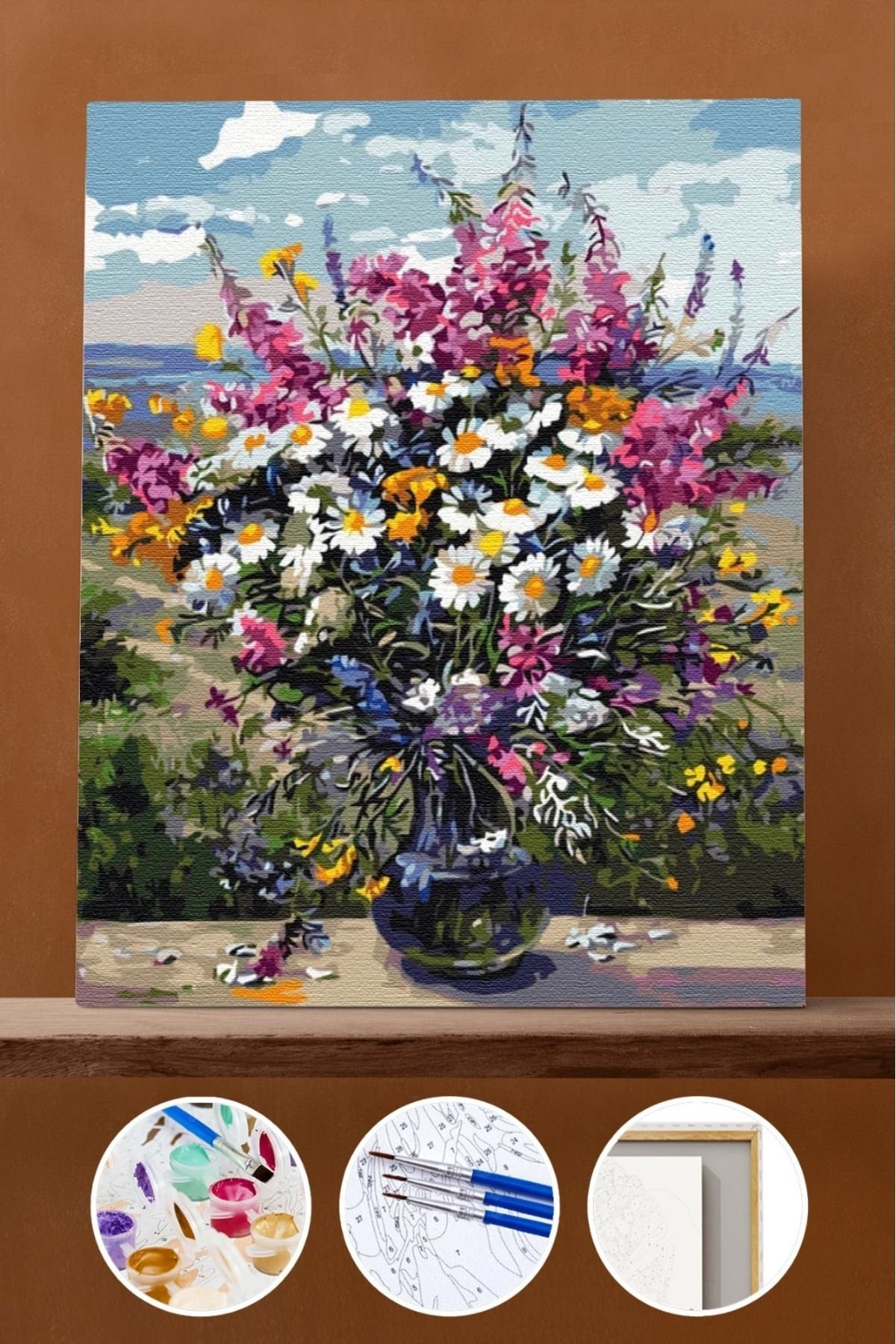 Pastelya Sayılarla Boyama Seti Çerçeveli Kasnaklı Kır Çiçekleri 1  50 x 65 cm
