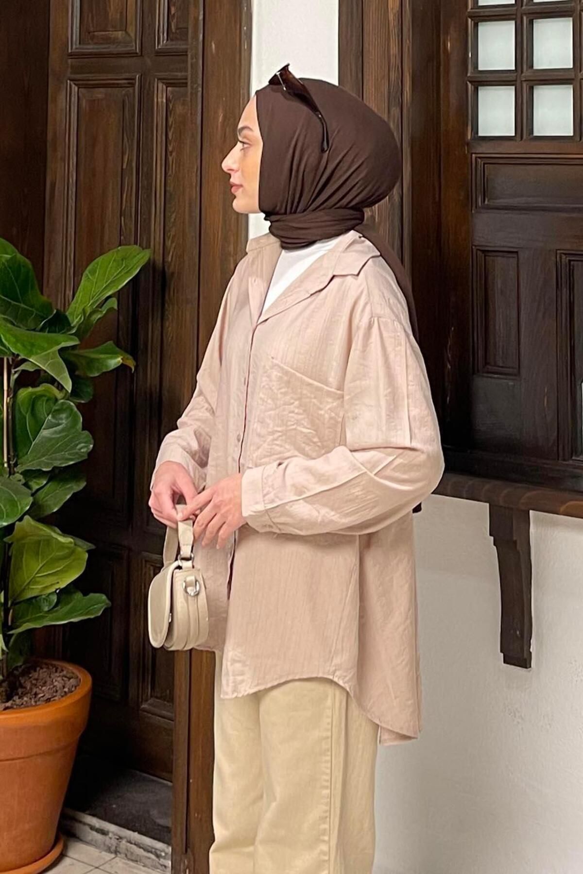 lamelif.com Tek Cep Oversize Gömlek Bej