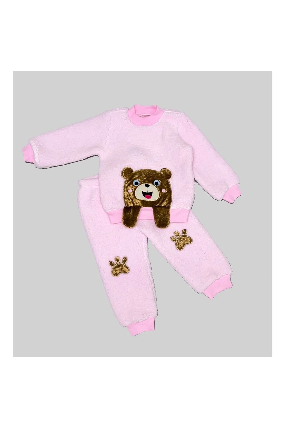 Narnuga Miraylife 1-2-3 Yaş Sallanan El Ayıcıklı Kuzu Kumaş Sweat Patili Pantolon Uzun Kollu Kız Erkek 2 Li