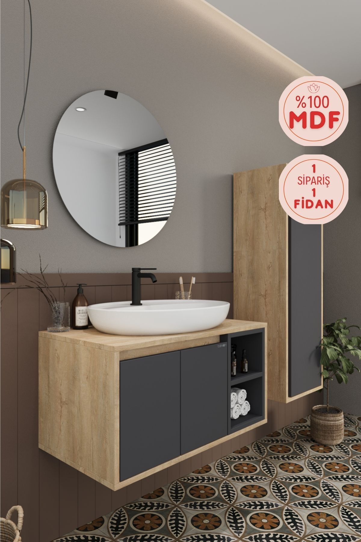 BALNEOM Gül 80 Cm %100 Mdf Lavabolu Banyo Dolabı Ayna Alt Dolap Lavabo Boy Dolabı