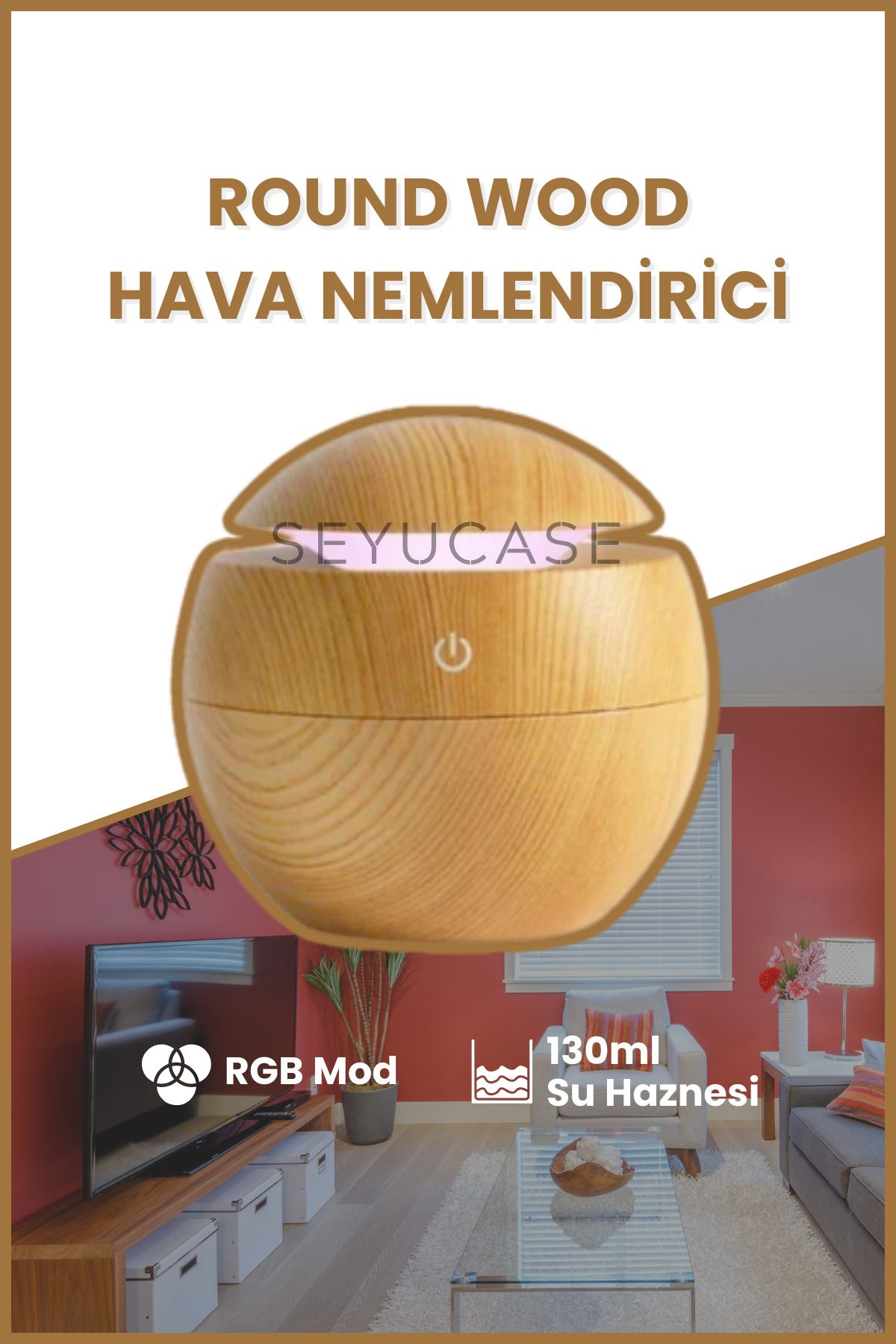 SEYUCASE Round Wood Hava Nemlendirici Ortam ve Oda Nemlendirici Işıklı Aroma Difüzörü