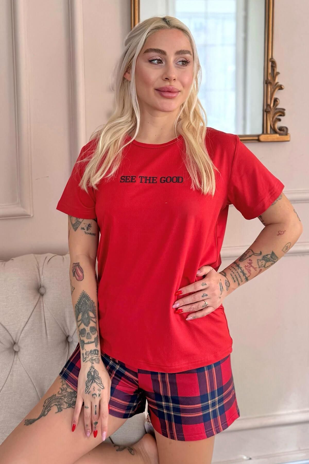 Pijamaevi Kırmızı See The Good Desenli Kısa Kollu Şortlu Örme Kadın Pijama Takımı