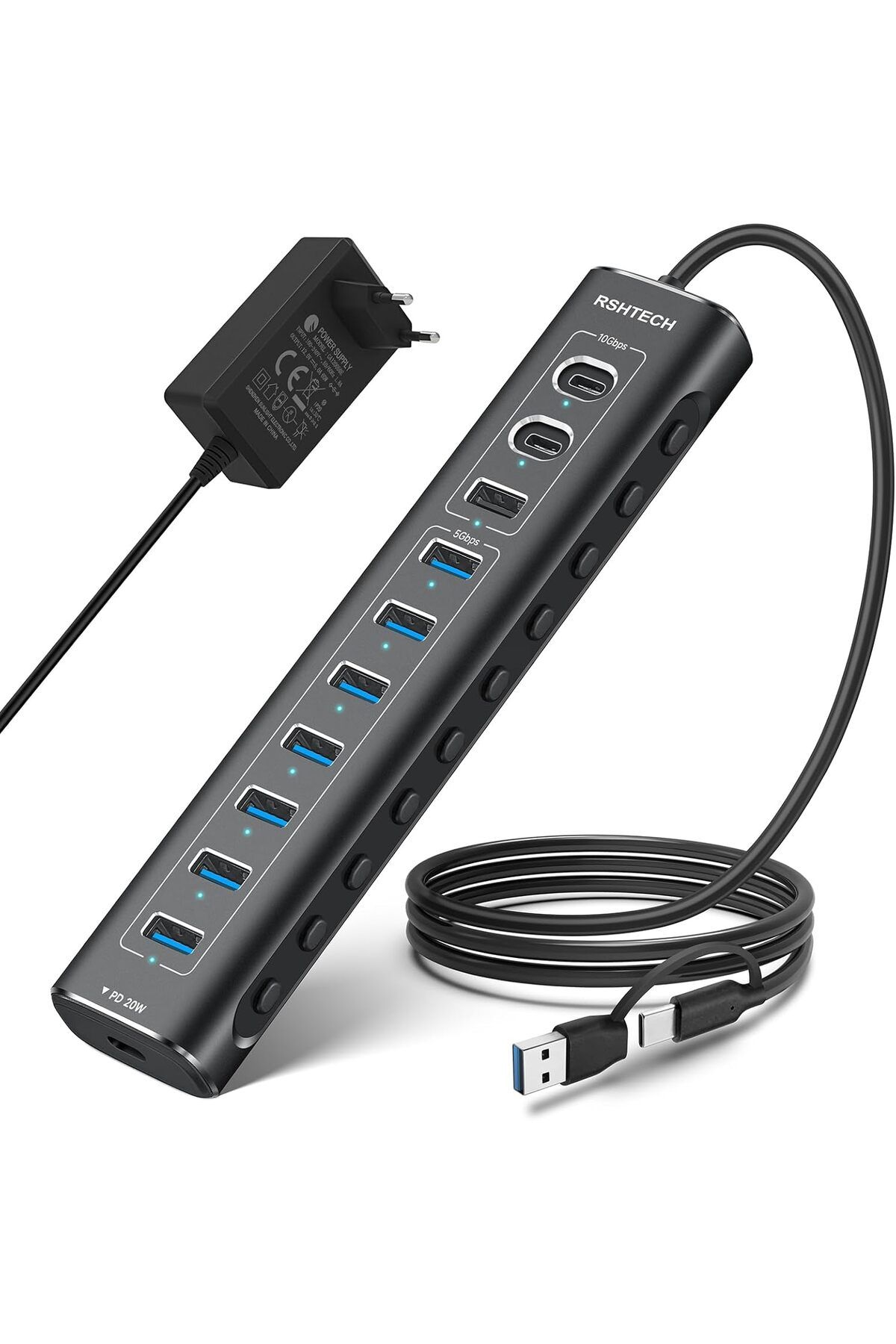 RSHTECH 11 Port Güçlendirilmiş USB C Hub 2X10 Gbps USB C 1X10 Gbps USB A Pd 20W 7x USB 3.0 5gbps Hub