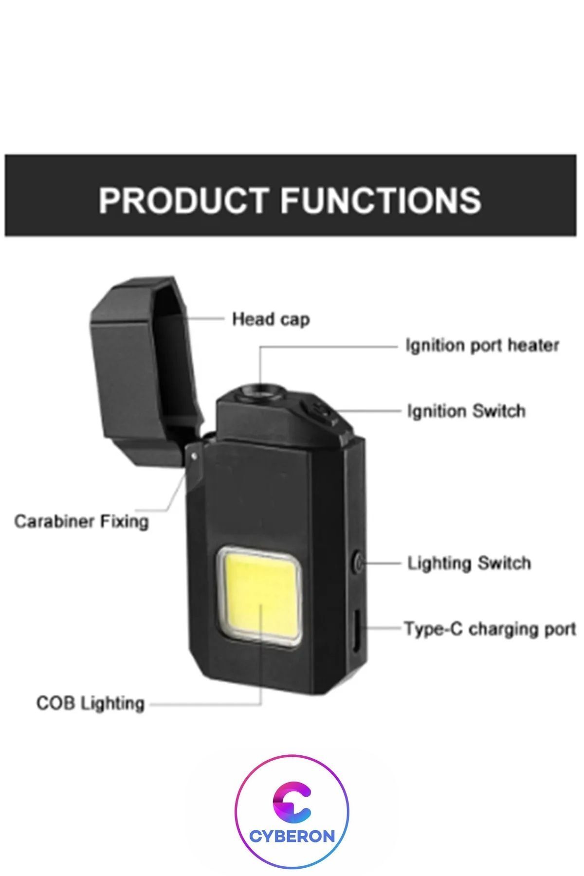 CYBERON Sİyah Gazsız Rezistanslı Elektrikli Usb Şarjlı Çakmak Mini Cob El Fenerli 2 ın 1 Mini Projektörlü