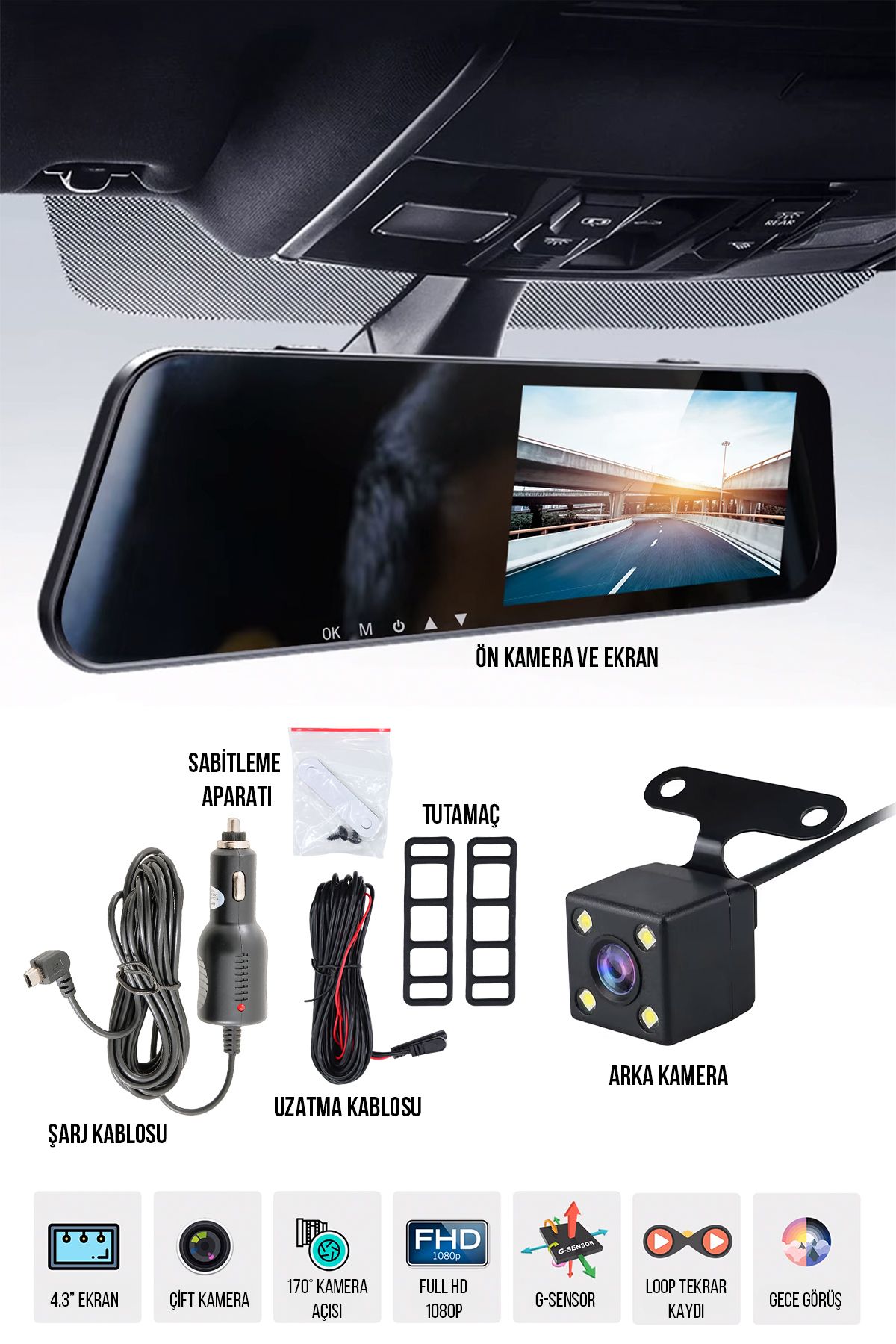 STARCOM Araç Kamerası Dikiz Aynası- Çift Kameralı, Full Hd 1080p, 170° Geniş Açı, Gece Görüşlü, Geri Görüş