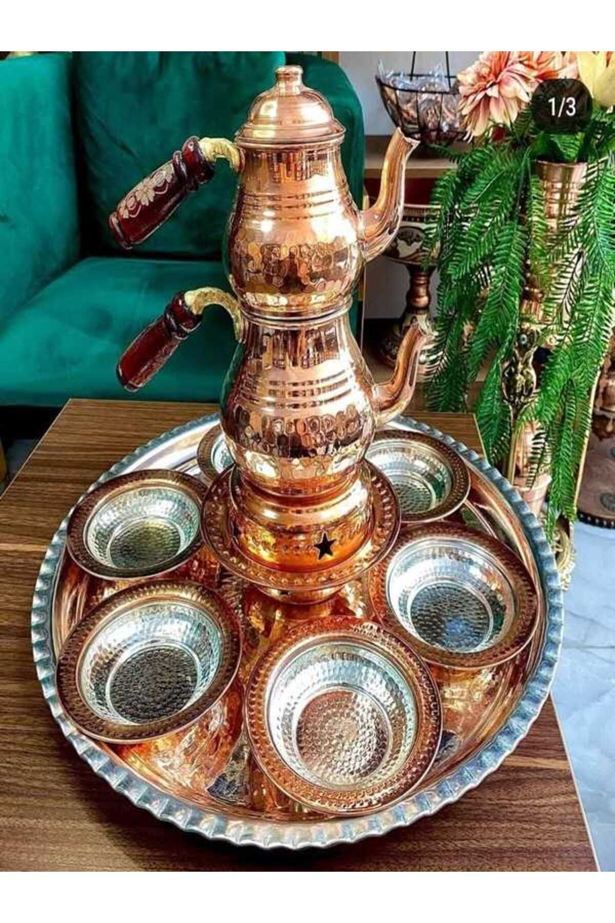 ASKUR BAKIR KAHVALTI SETİ TEPSİ : 42 CM TABAKLAR: 13 CM ÇAYDANLIK NO 1 OSMANLI OÇAĞI  NO 1