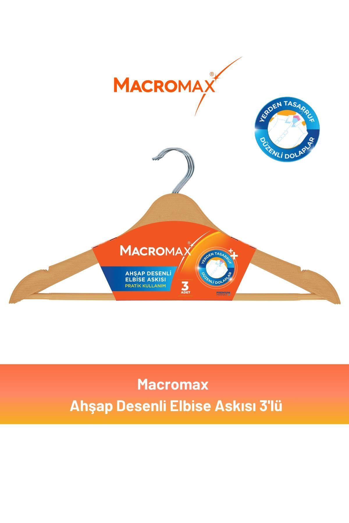 MACROMAX Ahşap Desenli Elbise Askısı 3'lü