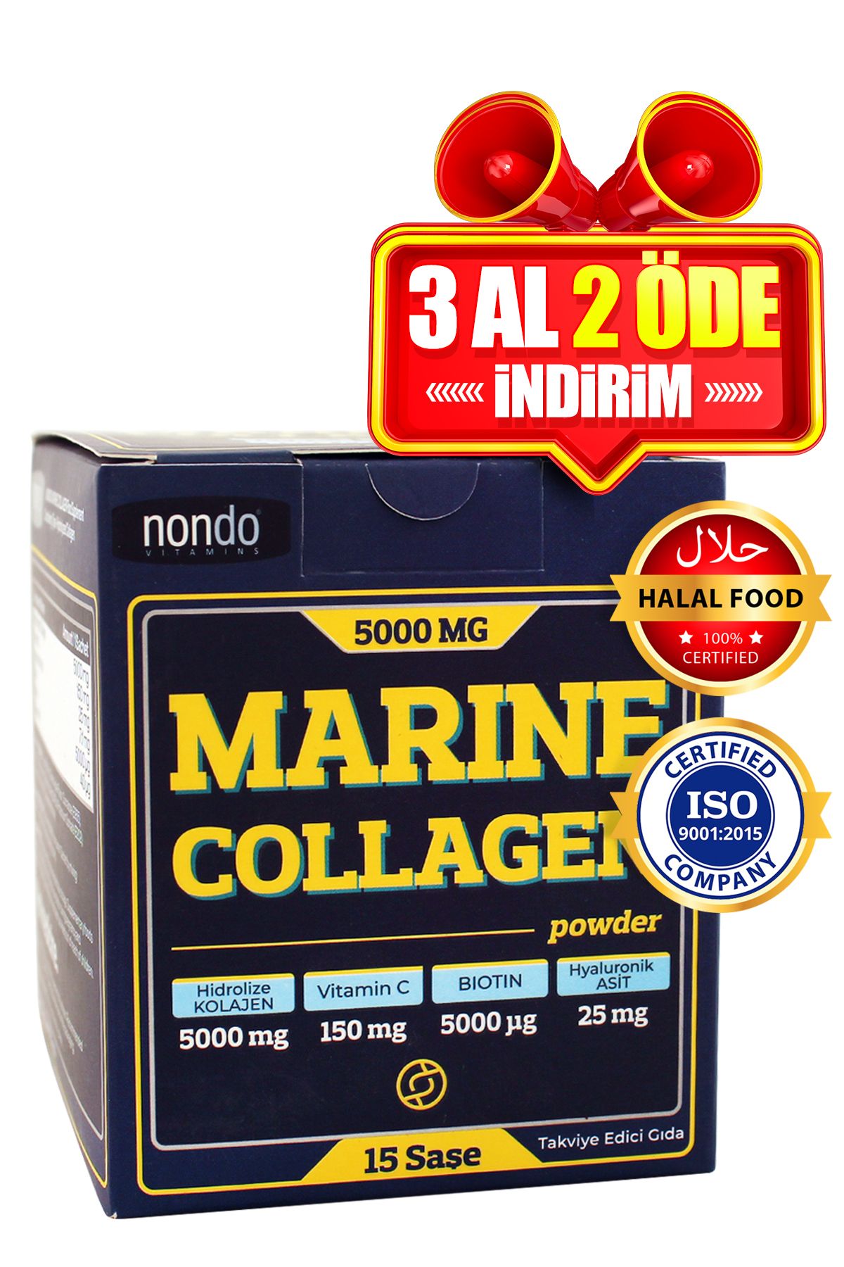 Nondo Marin Kolejen / Collagen 15 Saşe ( Tip 1-3 Balık Kolejeni Hyaluronik Asit Biotin Selenyum )