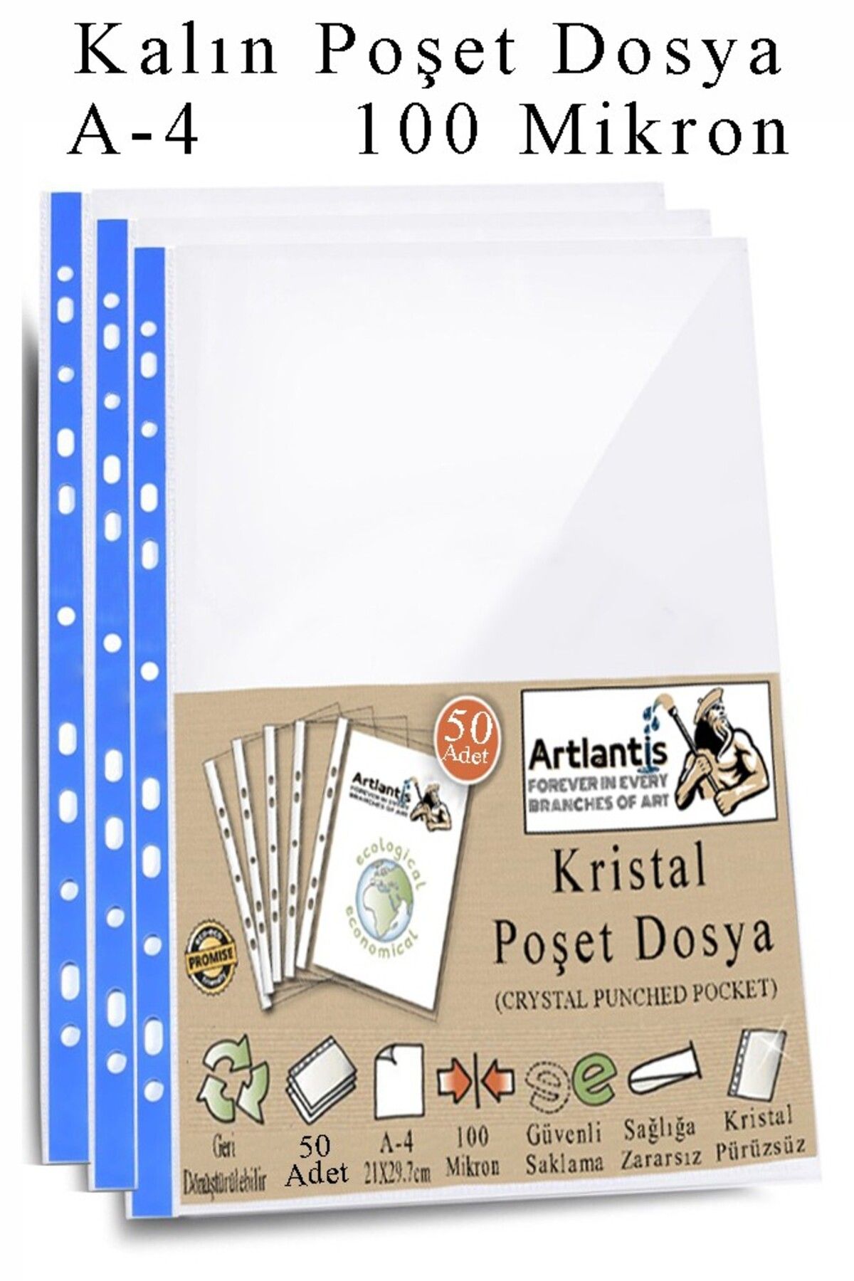 Artlantis Poşet Dosya A4 Kristal 50 Adet Kalın Poşet Dosya Föy Mavi Şeritli 100 Mikron Şeffaf Belge Arşivleme