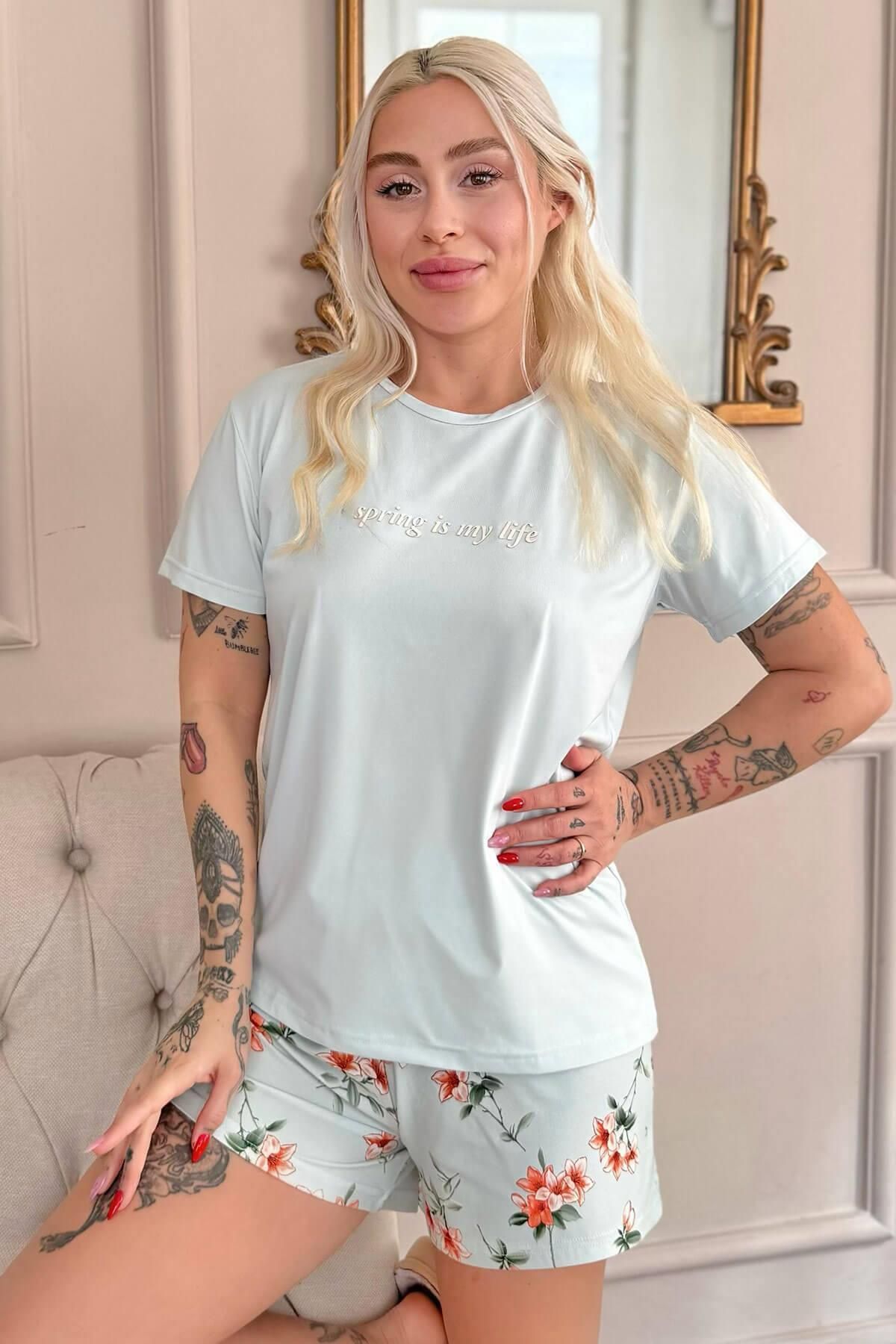 Pijamaevi Su Yeşili Spring is My Life Desenli Kısa Kollu Şortlu Örme Kadın Pijama Takımı