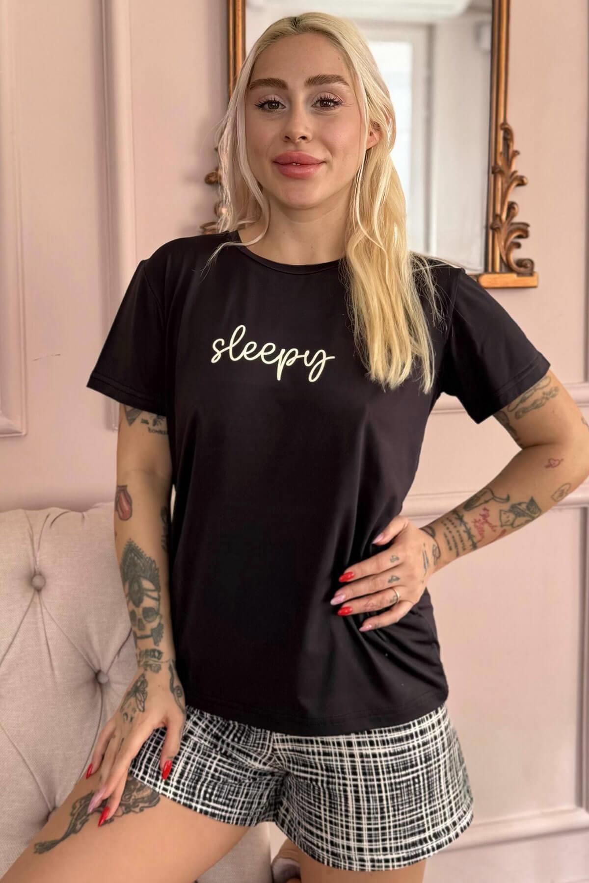 Pijamaevi Siyah Sleepy Desenli Kısa Kollu Şortlu Örme Kadın Pijama Takımı