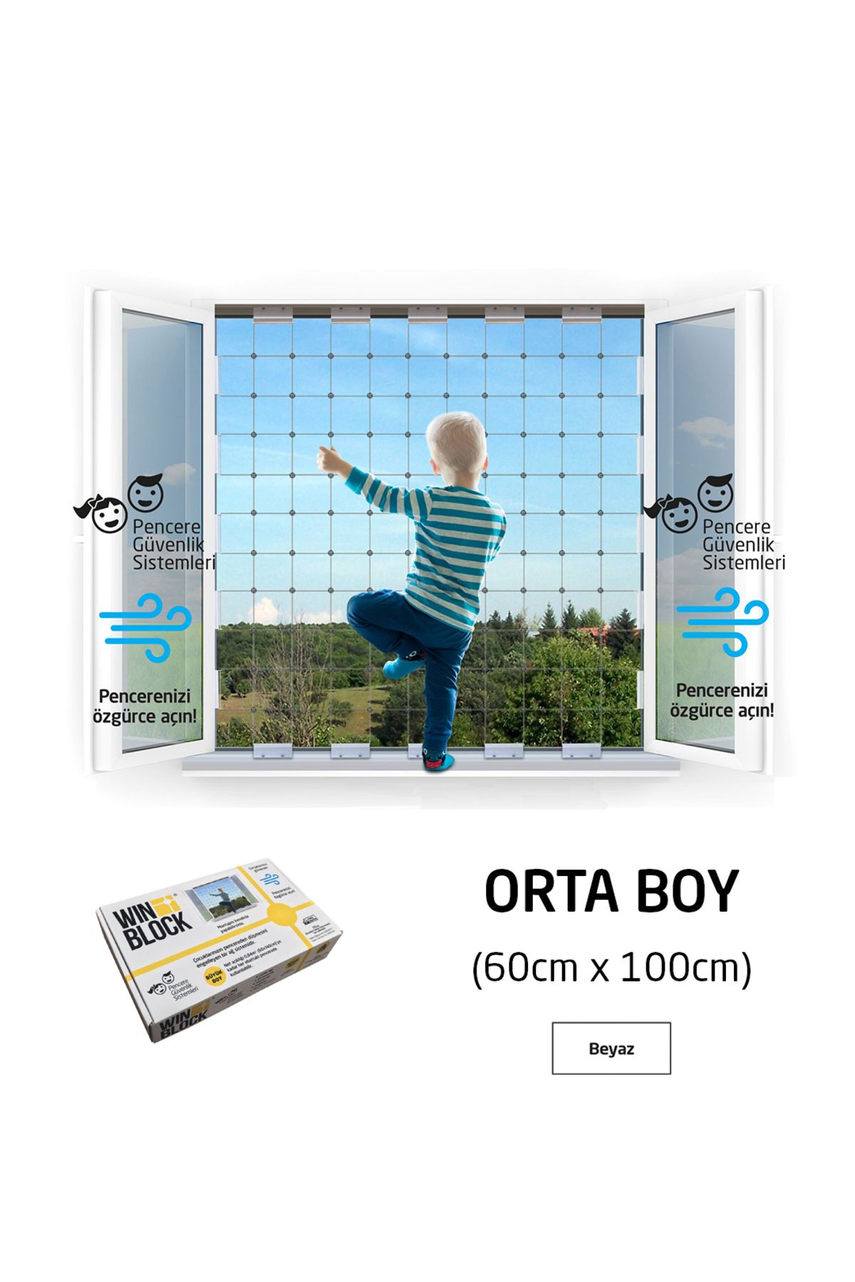 WINBLOCK Orta Boy (60X100 CM) - Çocuklar Için Pencere Çelik Güvenlik Ağı – Yeni Nesil Korkuluk - Beyaz Profil