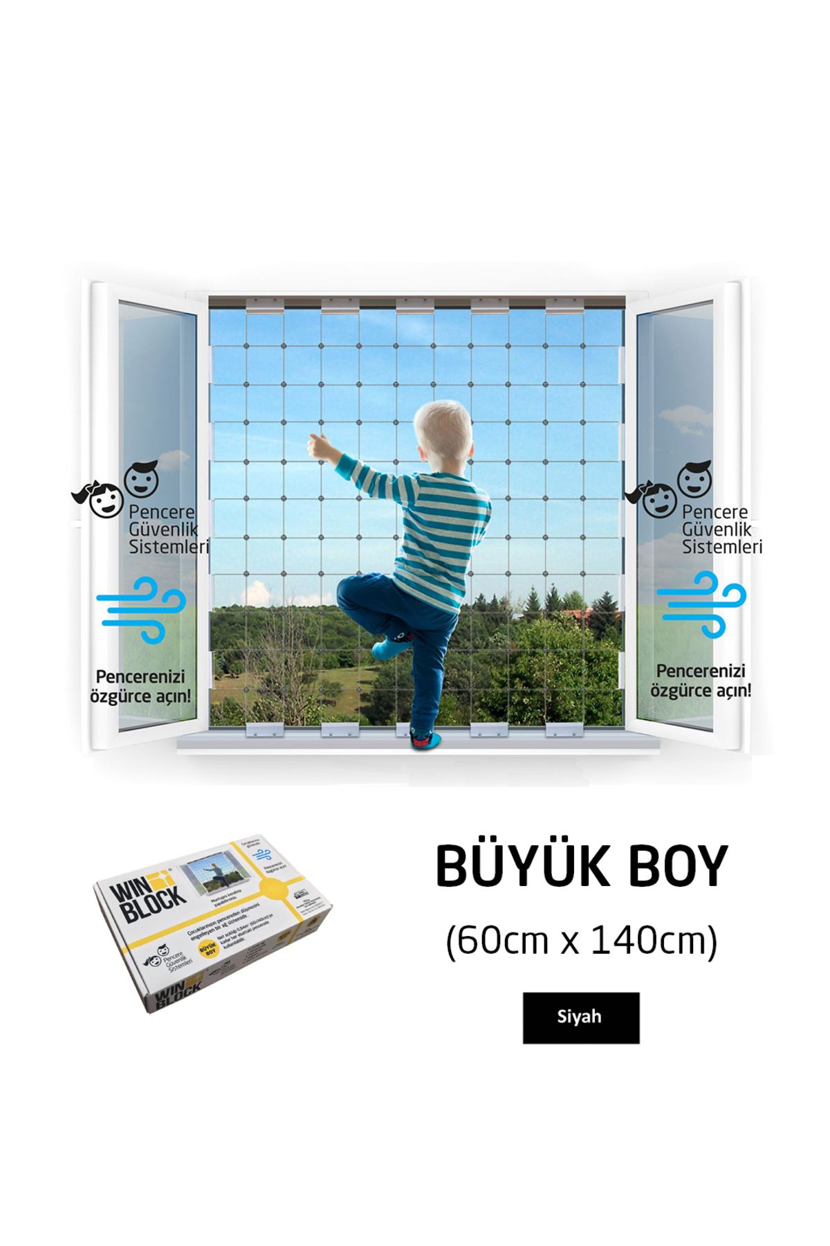 WINBLOCK Büyük Boy (60X140 CM) - Çocuklar Için Pencere Çelik Güvenlik Ağı - Yeni Nesil Korkuluk -siyah Profil