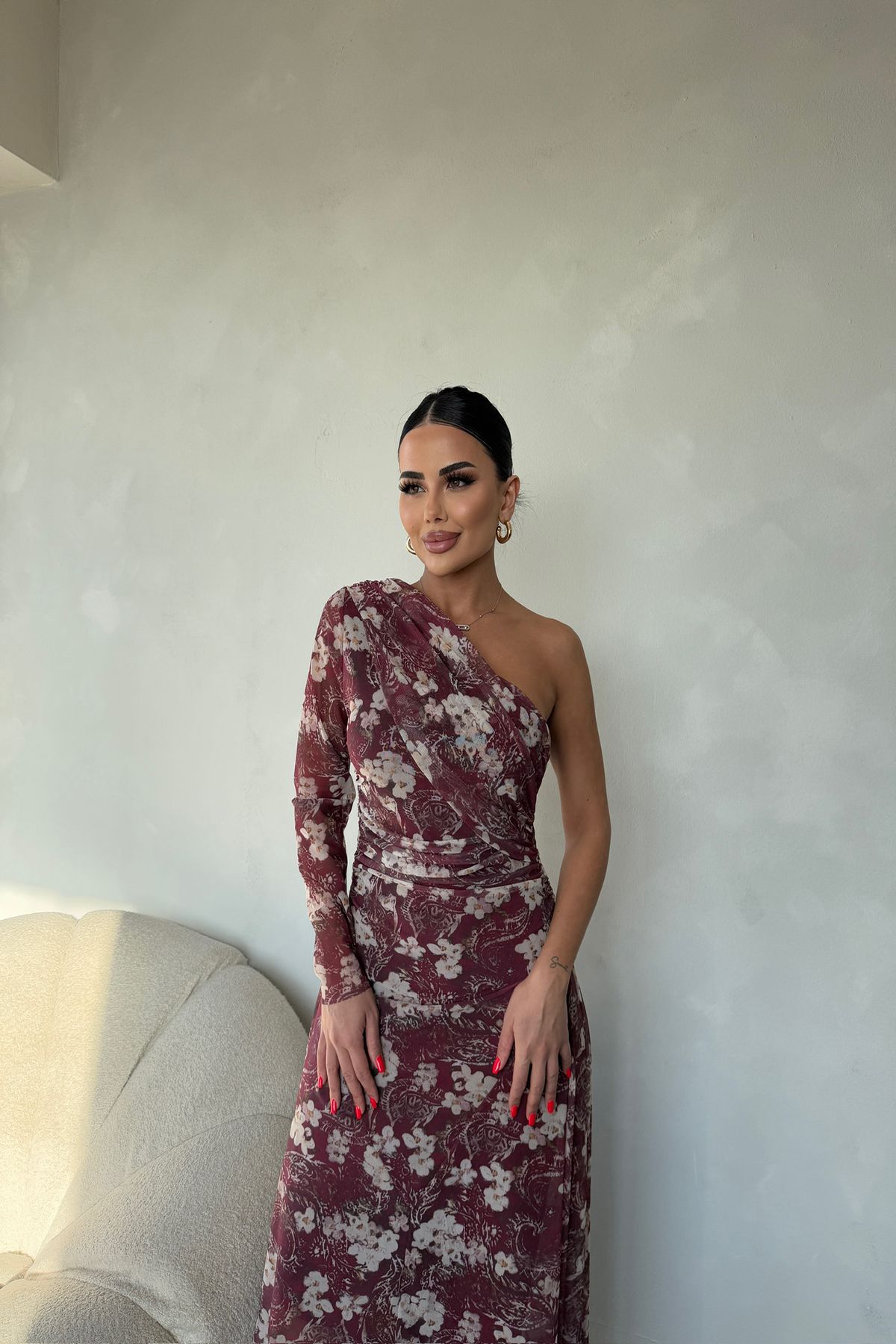 kamacibutik Tek Kollu Çiçek Desenli Elbise