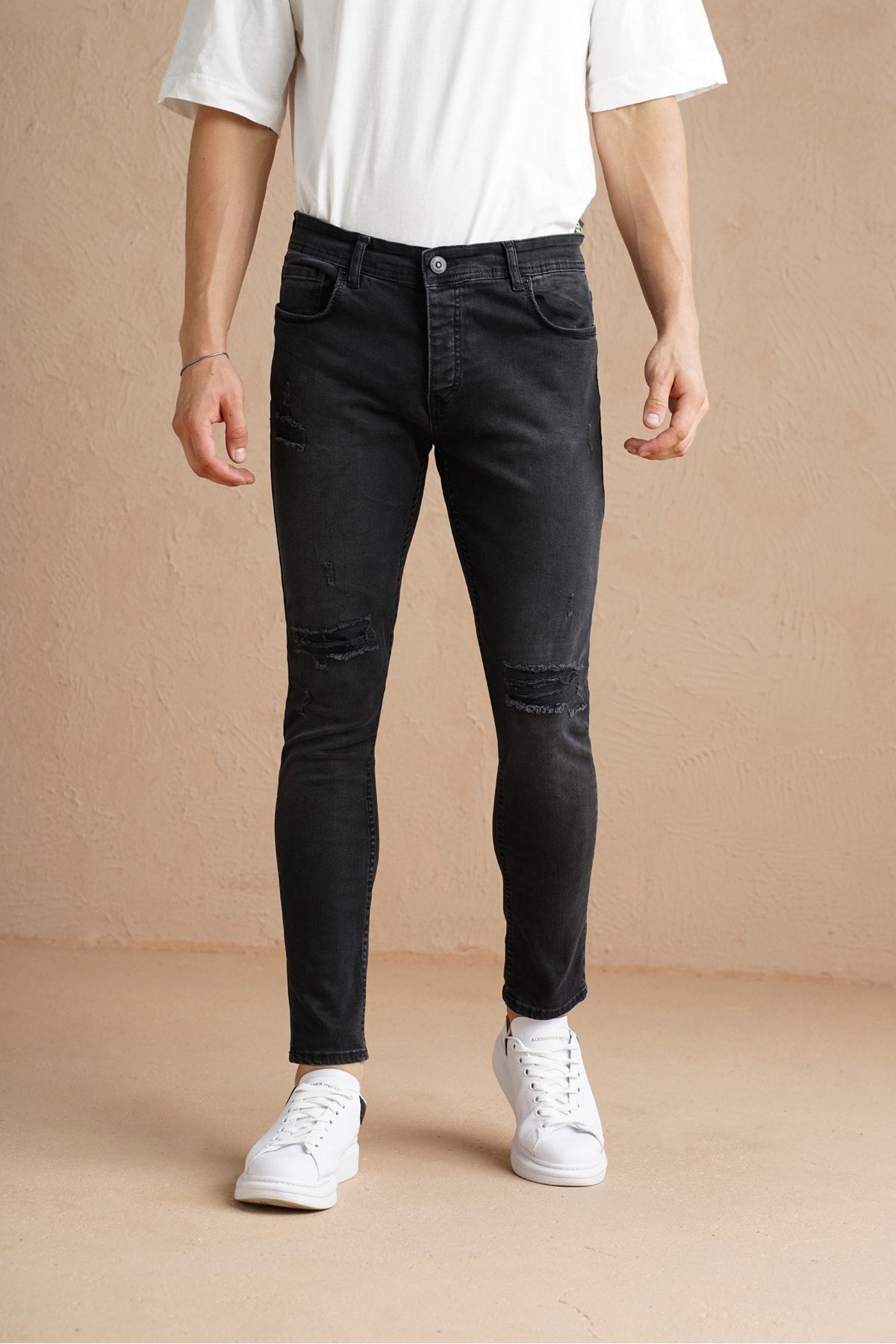 Tarz Cool Erkek Füme Diz Yırtıklı Yamalı Skinny Fit Jean Pantolon