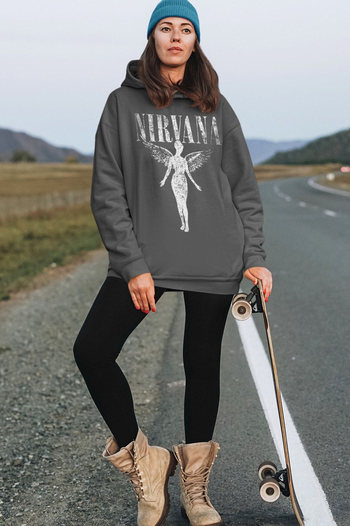ROCKANDROLL Kadın Antrasit Melek Nirvana Kapüşonlu Kalın Oversize Sweatshirt