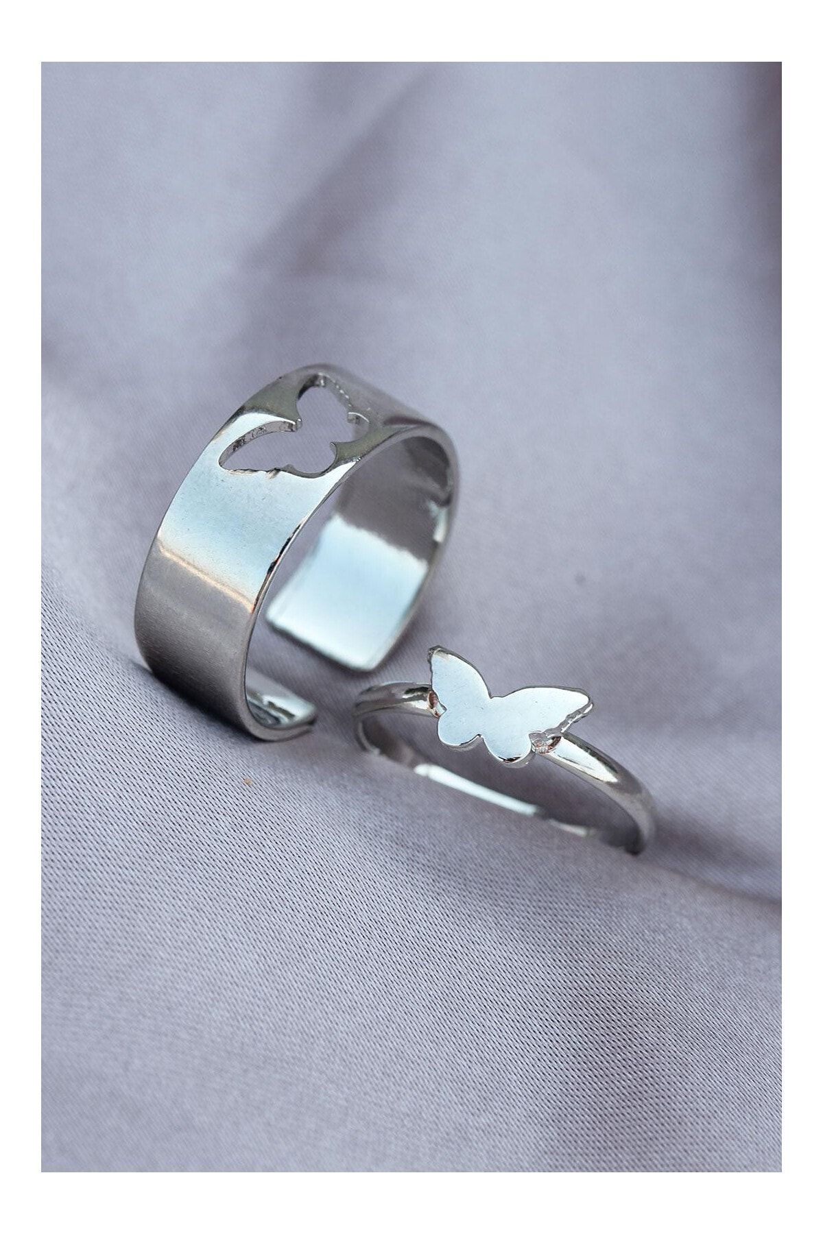 Genel Markalar Gümüş Metal Ayarlanabilir Kelebek Model Çift Yüzüğü
