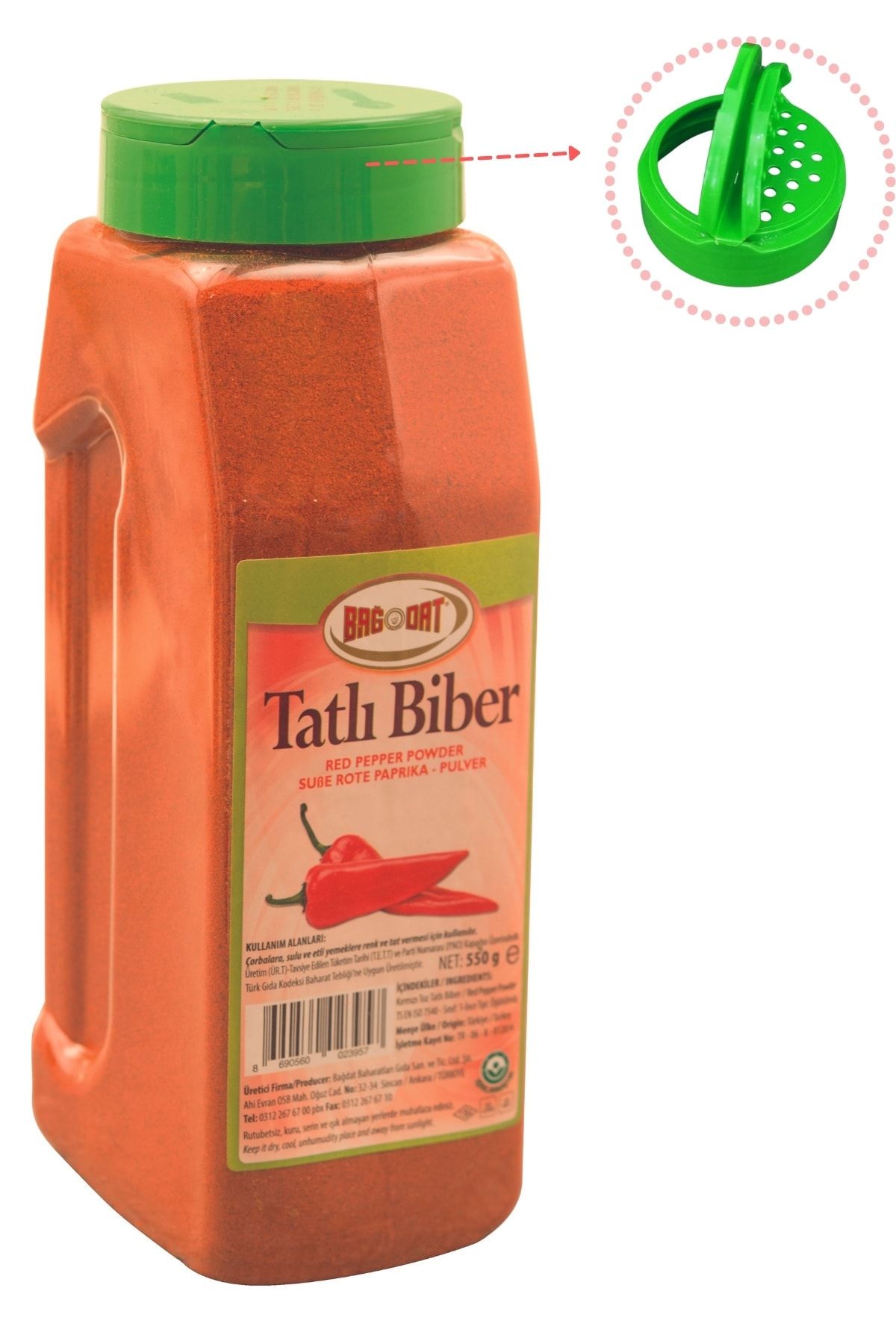 Bağdat Baharat Tatlı Toz Biber 550 Gr - Tuzluk Kapak Pet Kavanoz Özel Seri