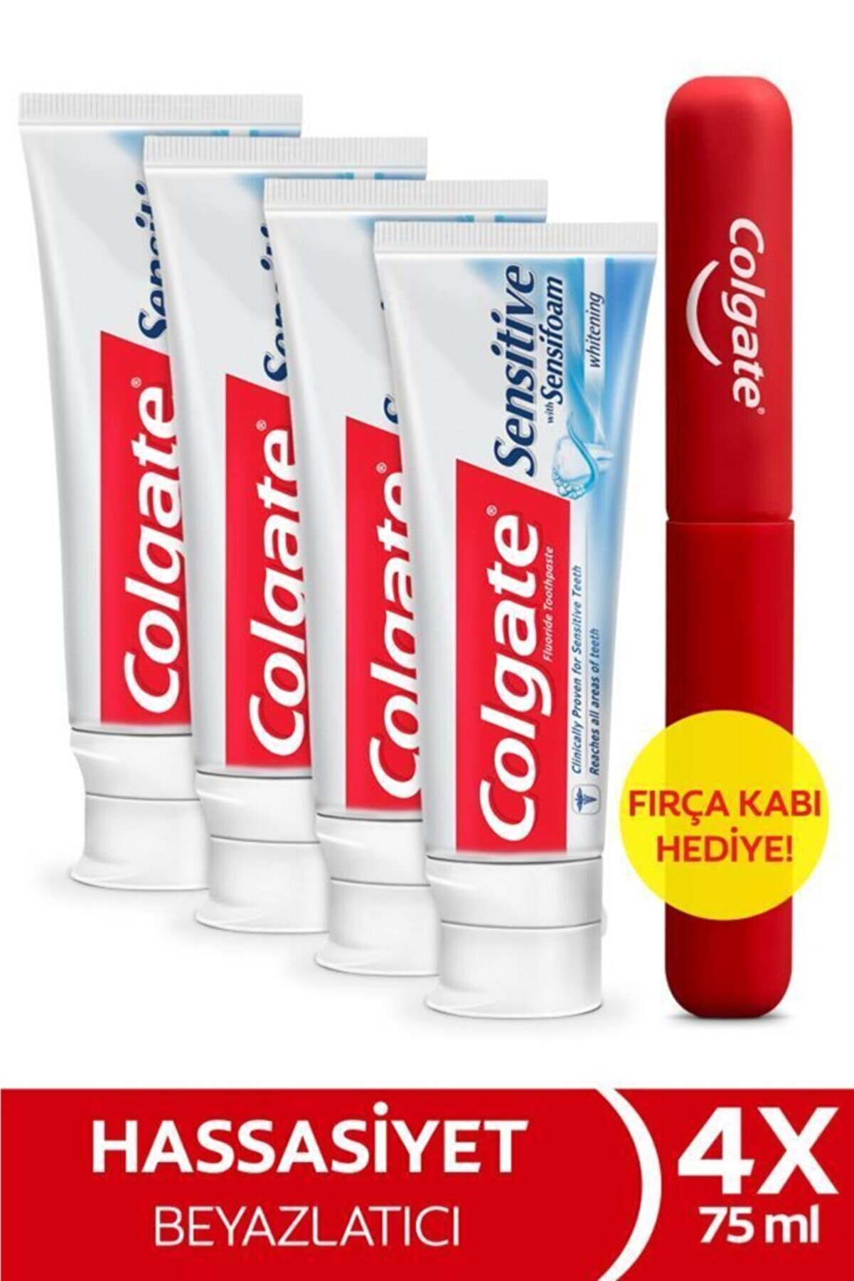 Colgate Sensitive Sensifoam Beyazlatıcı Diş Macunu 75 ml X 4 Adet + Fırça Kabı