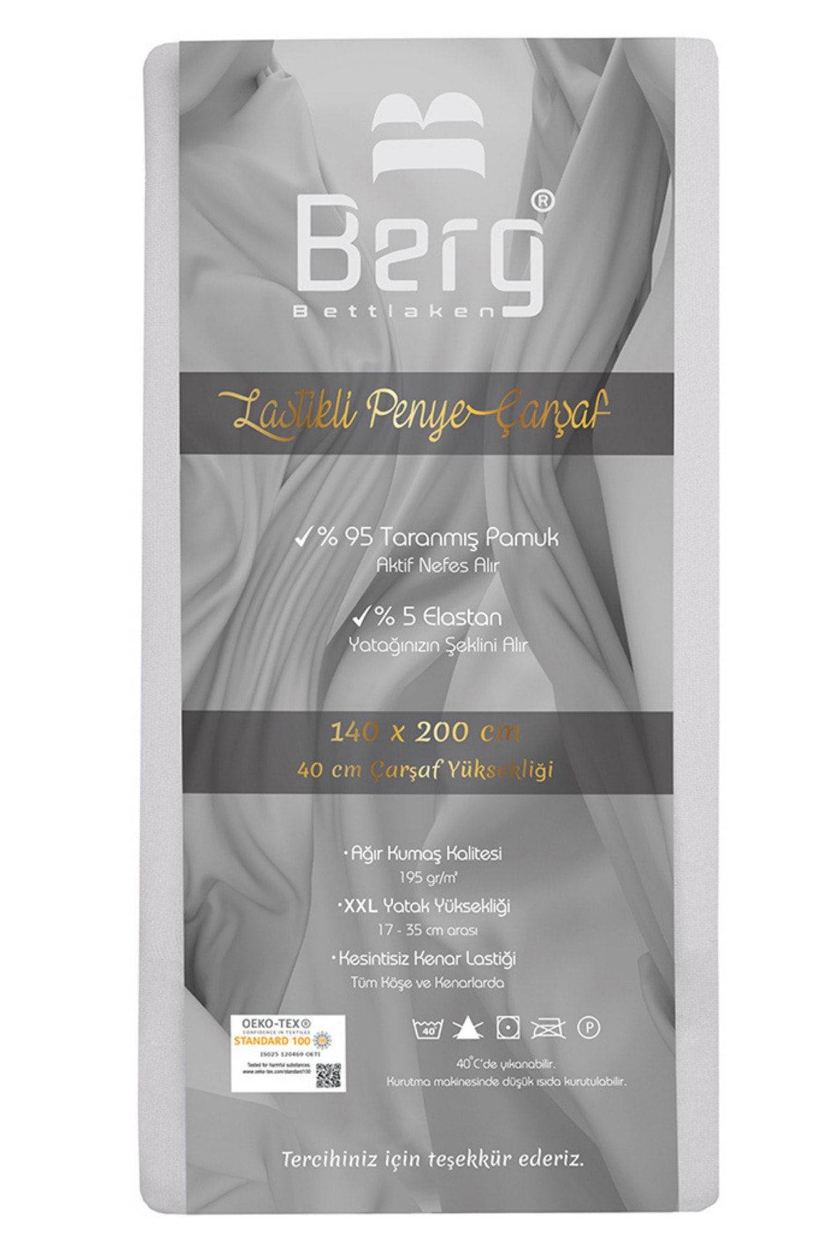 Berg Bettlaken 140x200 +35 Cm Yükseklik Lastikli Lüks Penye Pamuklu Çarşaf Gri, Luxury Fitted Sheet Cotton